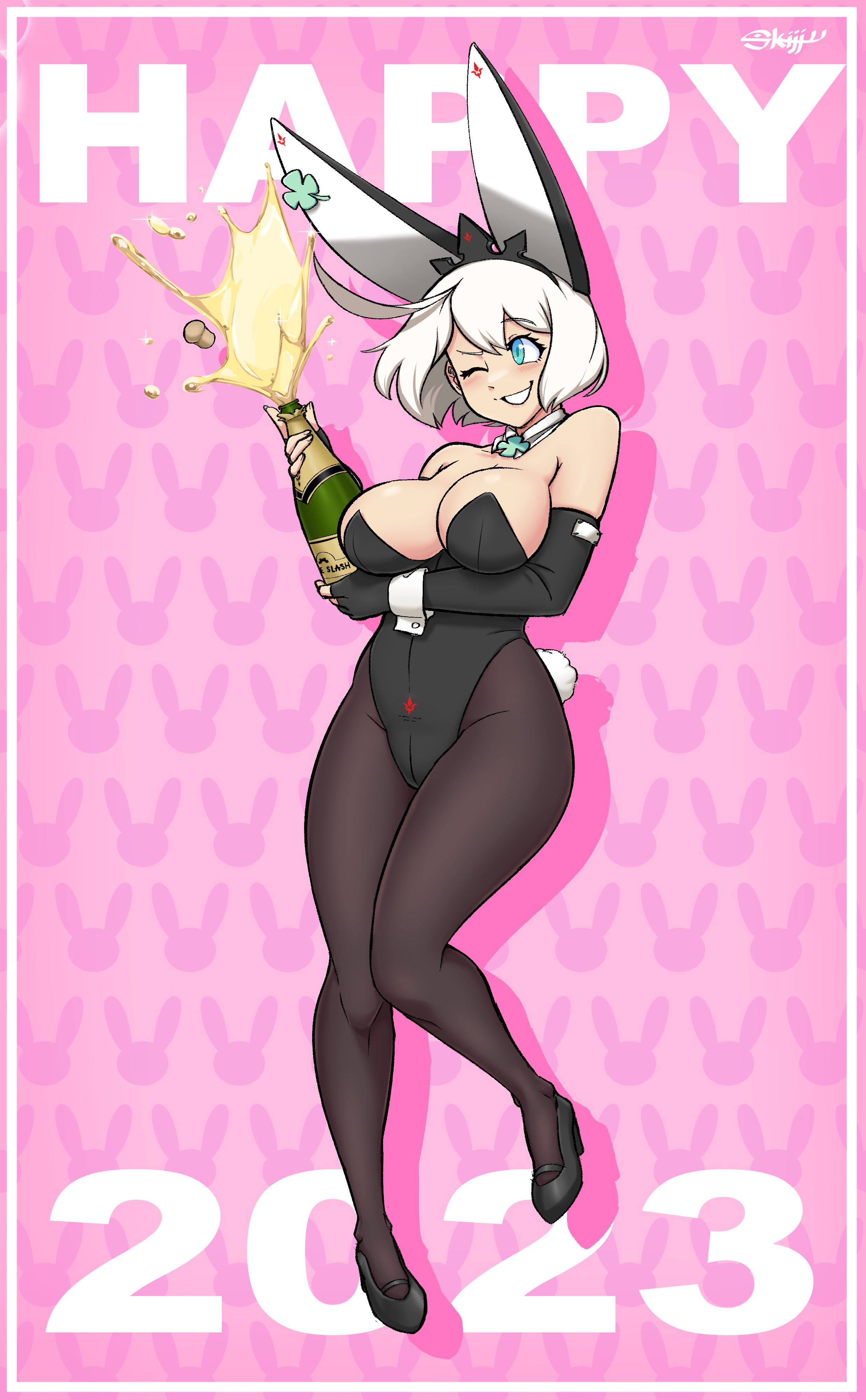 2023, big breasts, blue eyes, breasts, bunnysuit, cameltoe, champagne, elphelt valentine, fake ears, female, guilty gear, guilty gear xrd, huge breasts, large breasts, new year, pussy, skijjy f, thick thighs, white hair