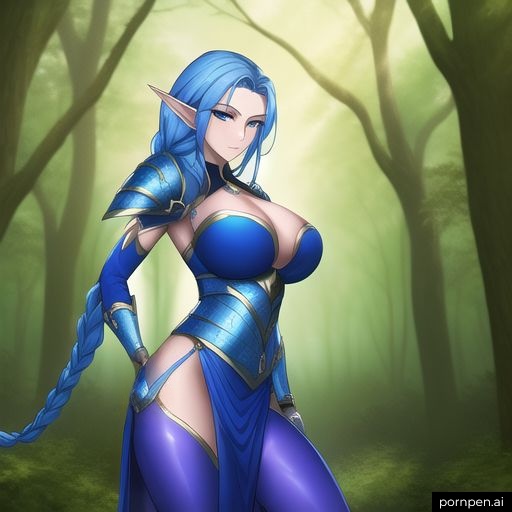 ai_generated big_breasts blue_clothing blue_eyes blue_hair braided_hair braided_ponytail breasts clothed clothed_female elf elf_ears elf_female fantasy forest gloves hand_on_butt jfxjxf jpeg loincloth long_hair looking_at_viewer metal_armor original_character pointy_ears ponytail pornpen.ai