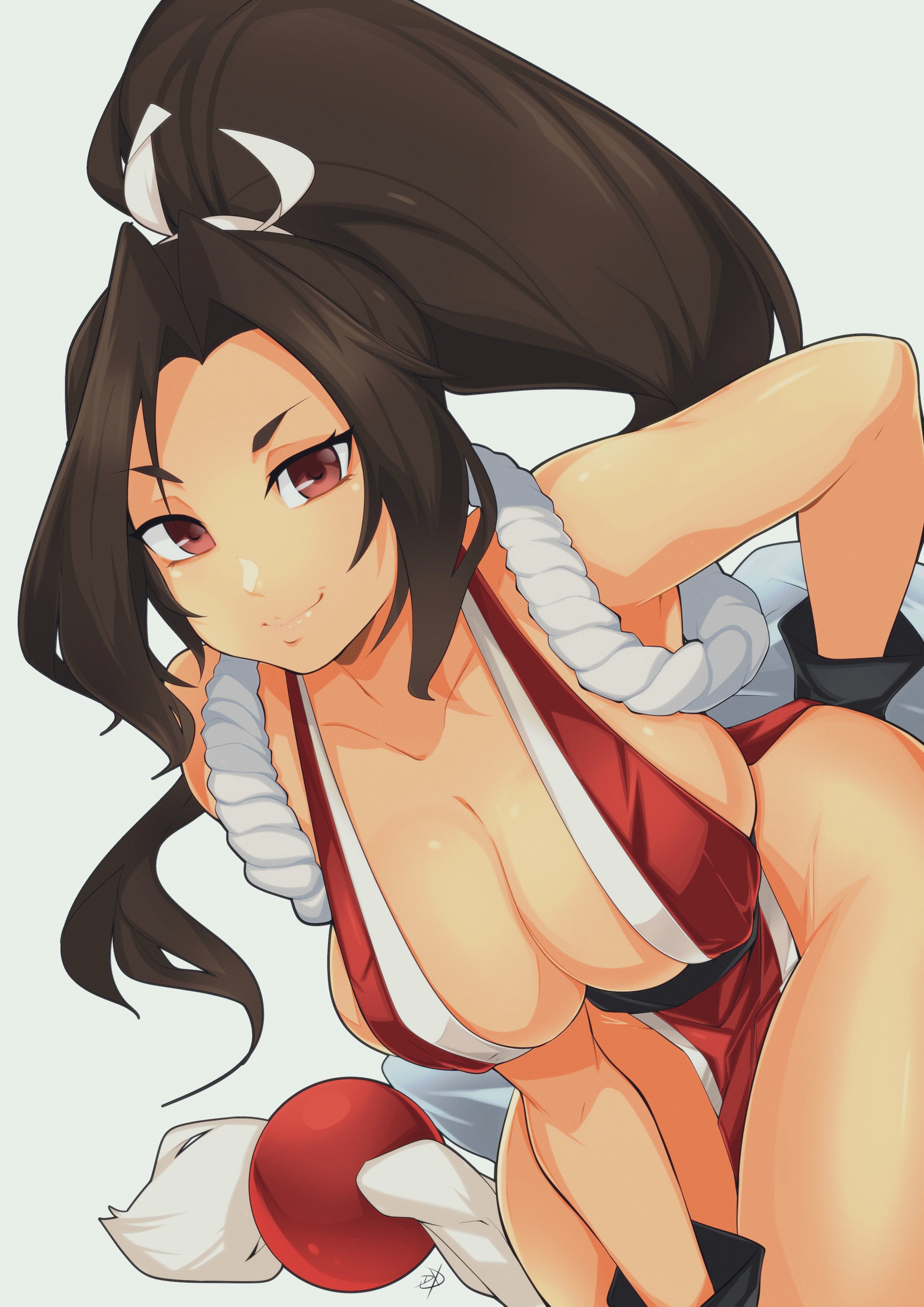 1girls, alternate version available, bare thighs, breasts, brown eyes, brown hair, delux, fatal fury, female, king of fighters, large breasts, looking at viewer, mai shiranui, ponytail, skimpy, smile, snk, solo, white background