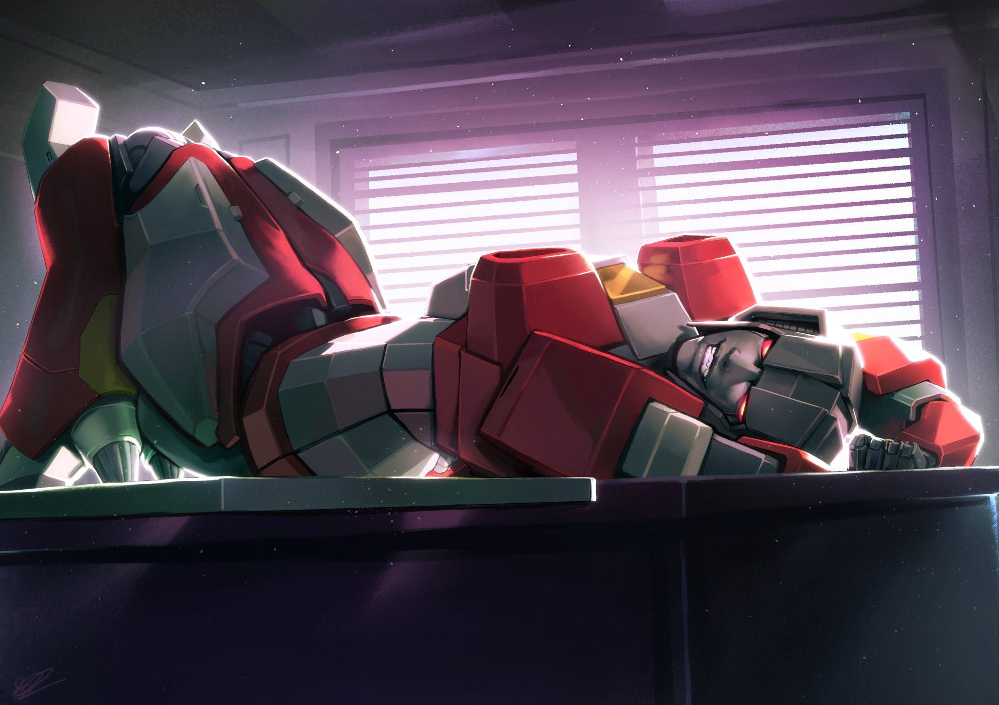 1girls, breasts, decepticon, fangs, female, gynoid, heels, lillified, lillified (artist), looking at viewer, on back, pinup, red body, red eyes, robot, robot girl, rule 63, side view, skinny female, slim waist, small breasts, smile, solo, starscream, sunlight, table, thick thighs, transformers, villainess, window