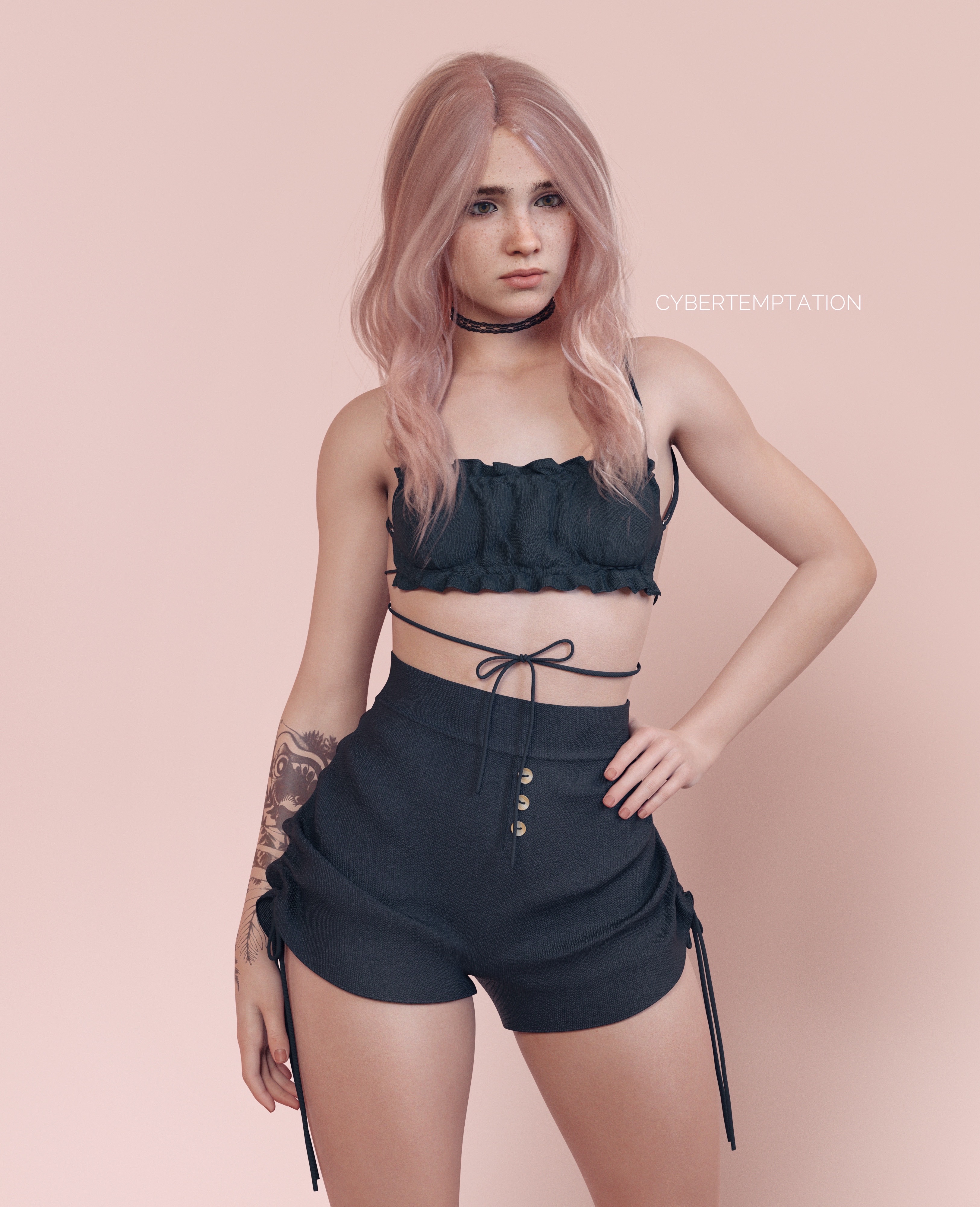 1girls, 3d, 3d (artwork), absurd res, absurdres, alternate color, alternate hair color, arm tattoo, bare legs, bare midriff, bare thighs, breasts, choker, cybertemptation, ellie (the last of us), ellie williams, female, female focus, female only, freckles, hi res, high-waist shorts, highres, long hair, midriff, naughty dog, pink hair, shorts, simple background, small breasts, solo, solo female, solo focus, sony interactive entertainment, tattoo, tattoo on arm, tattooed arm, the last of us, the last of us 2
