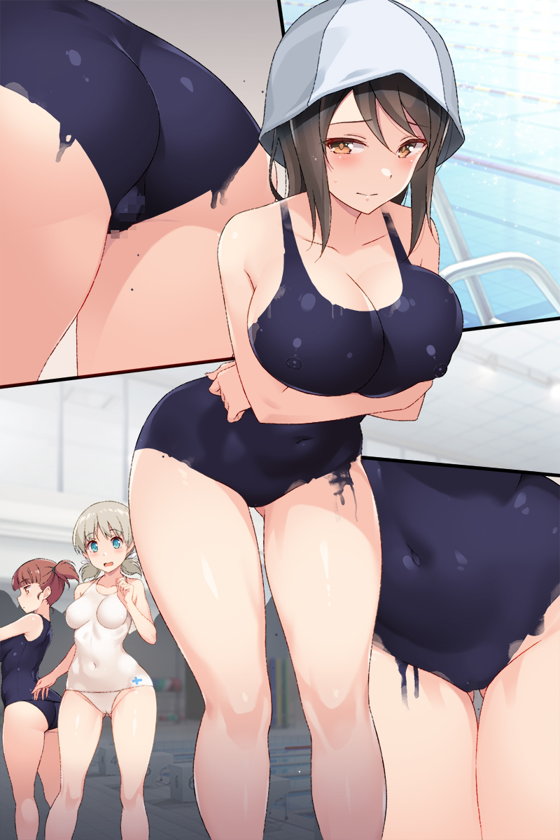 3girls aki_(girls_und_panzer) arms_under_breasts ass bare_legs black_one-piece_swimsuit blonde_hair blue_eyes blush bodypaint breasts brown_eyes brown_hair cleavage closed_mouth collarbone commentary_request covered_navel covered_nipples embarrassed embarrassed_nude_female enf girls_und_panzer hair_between_eyes highres large_breasts leaning_forward looking_at_viewer medium_breasts medium_hair mika_(girls_und_panzer) mikko_(girls_und_panzer) multiple_girls multiple_views nakamura_yukitoshi old_school_swimsuit one-piece_swimsuit open_mouth painted_clothes pool pool_ladder poolside school_swimsuit short_hair sidelocks swimsuit thighs tulip_hat