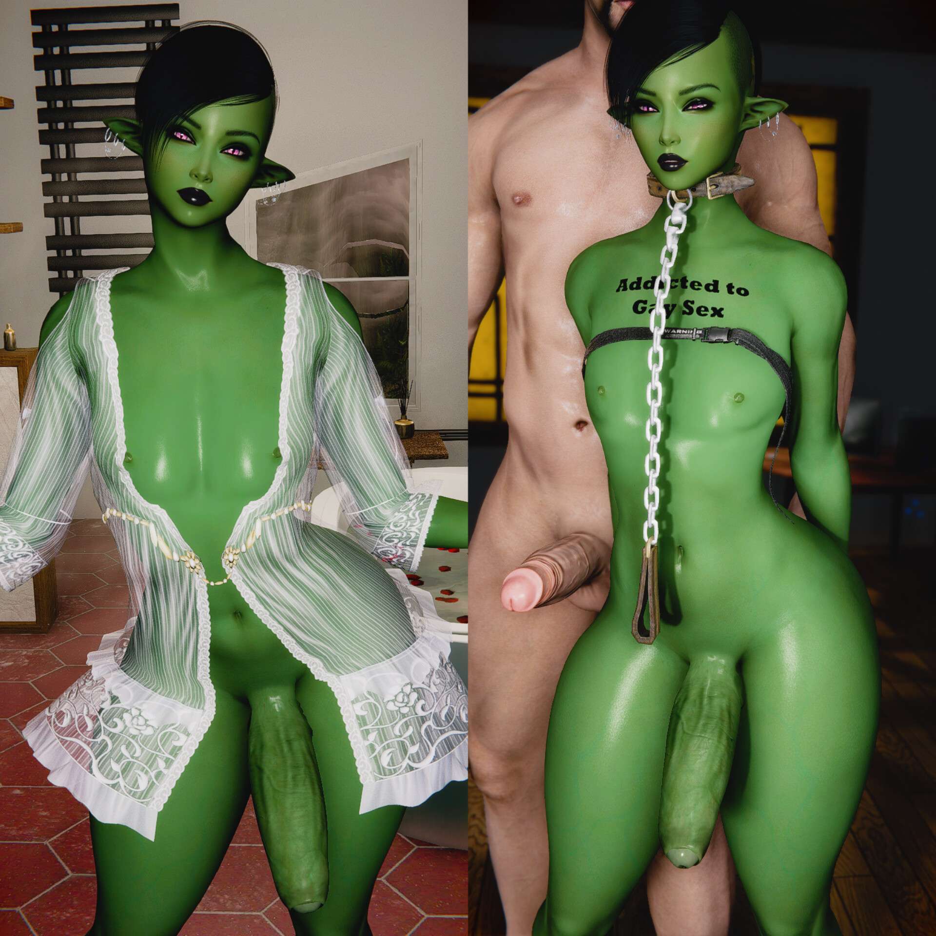 2boys, 3d, 3d (artwork), androgynous, ass, ass focus, big ass, big butt, big penis, black lipstick, body writing, bubble ass, bubble butt, butt focus, curvaceous, curves, curvy, curvy body, curvy figure, curvy hips, dress shirt, earrings, erect penis, erection, fantasy, fat ass, femboy, feminine male, flat chest, foreskin, futanemesislol, gay, girly, green body, green skin, human, human dominating, human dominating humanoid, humanoid, indoors, leash, leash and collar, lipstick, looking at viewer, makeup, male, male only, maledom, malesub, multiple boys, multiple males, orc femboy, penis, purple eyes, shiny penis, short hair, shy, skyrim, small waist, smile, smiling, solo focus, sweat, sweatdrop, sweating, tagme, the elder scrolls, thick, thick ass, thick thighs, thighs, trap, uncircumcised, uncut, white dress, wide hips