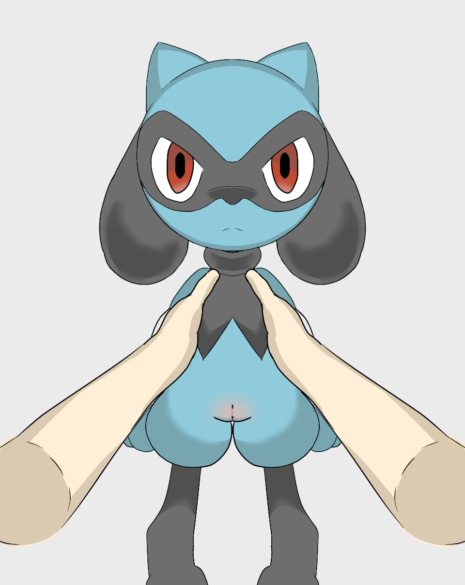 anthro blue_body blue_fur blush body_blush carrying female fur generation_4_pokemon genitals hi_res honeyu looking_at_viewer nintendo pokémon_(species) pokemon pokemon_(species) pussy pussy_blush red_eyes riolu simple_background tagme young