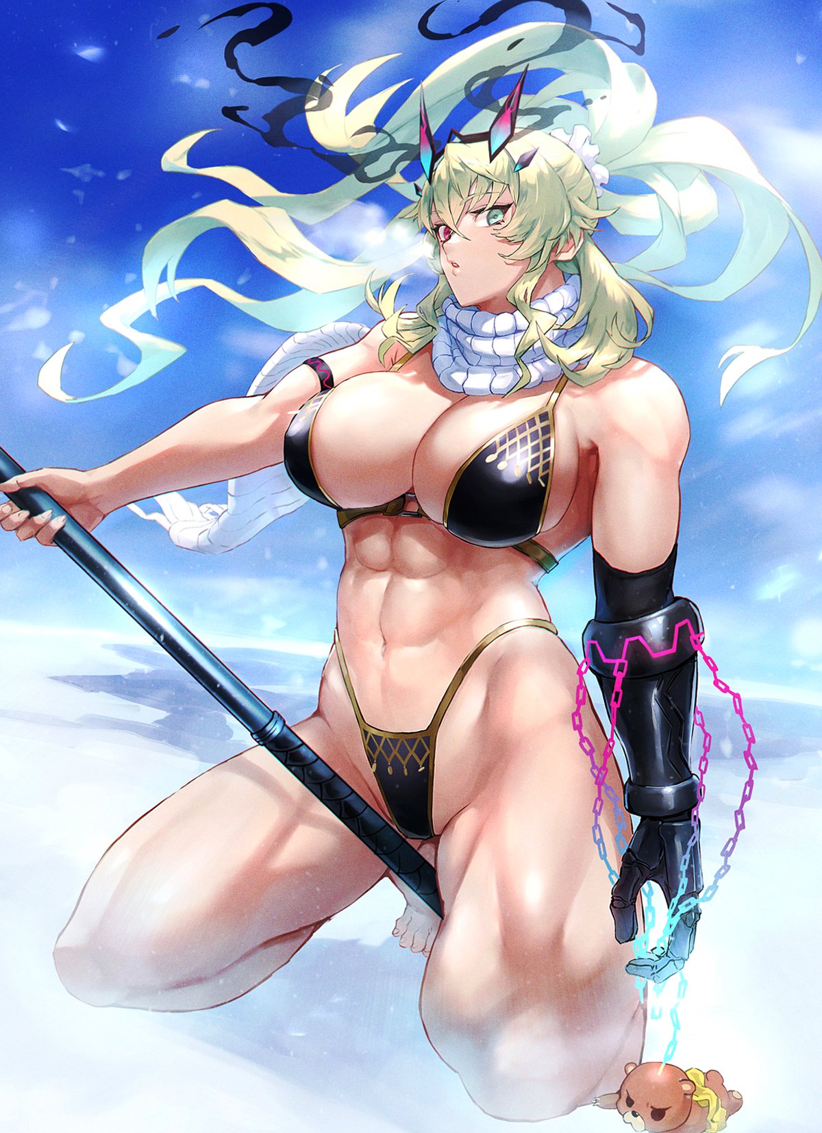 1girls 27miyamoto abs barefoot barghest_(gawain)_(fate) biceps big_breasts bikini black_bikini breasts cleavage fate/grand_order fate_(series) gloves green_hair heterochromia hi_res highleg_panties holding_object kneeling looking_at_viewer muscular_female muscular_thighs on_knees orion_(bear)_(fate) outdoors scarf sideboob snow thick_thighs