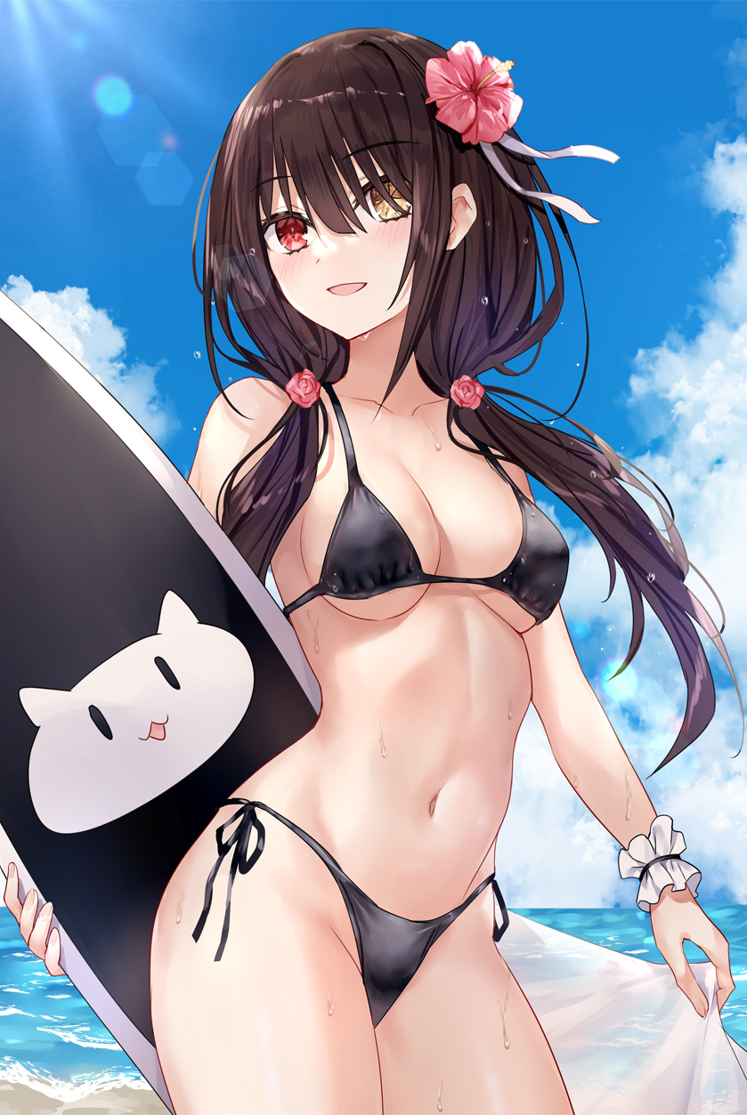 1girls asle beach bikini black_bikini breasts brown_hair cleavage date_a_live heterochromia legs looking_at_viewer low_twintails medium_breasts navel ocean red_eyes smile solo surfboard thighs tokisaki_kurumi water wet yellow_eyes