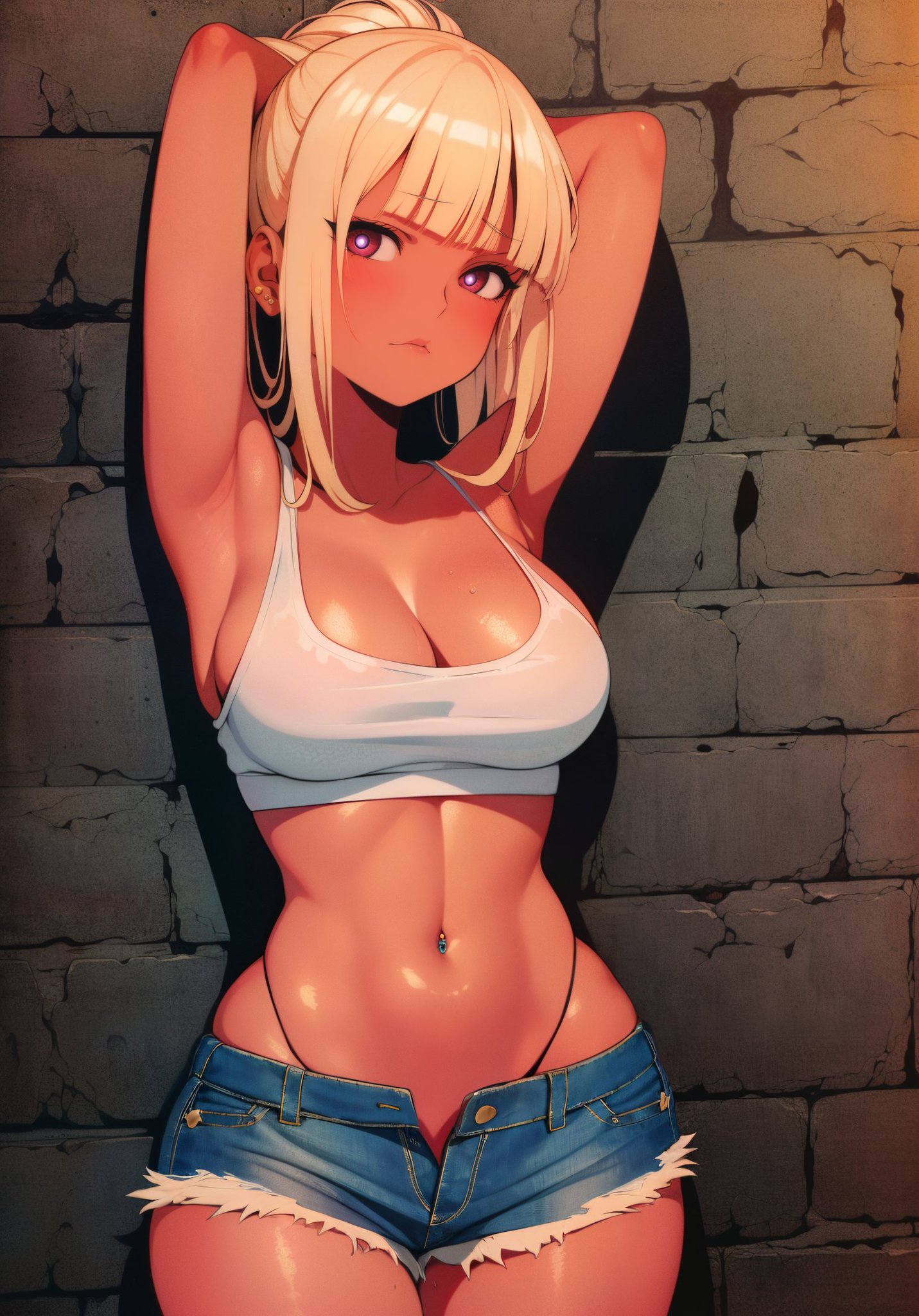 2023, ai generated, armpits, arms behind back, arms up, blonde hair, curvy body, curvy female, curvy figure, denim skirt, female, female focus, female only, gyaru, high resolution, long hair, looking at viewer, navel piercing, seductive look, stable diffusion, voluptuous female