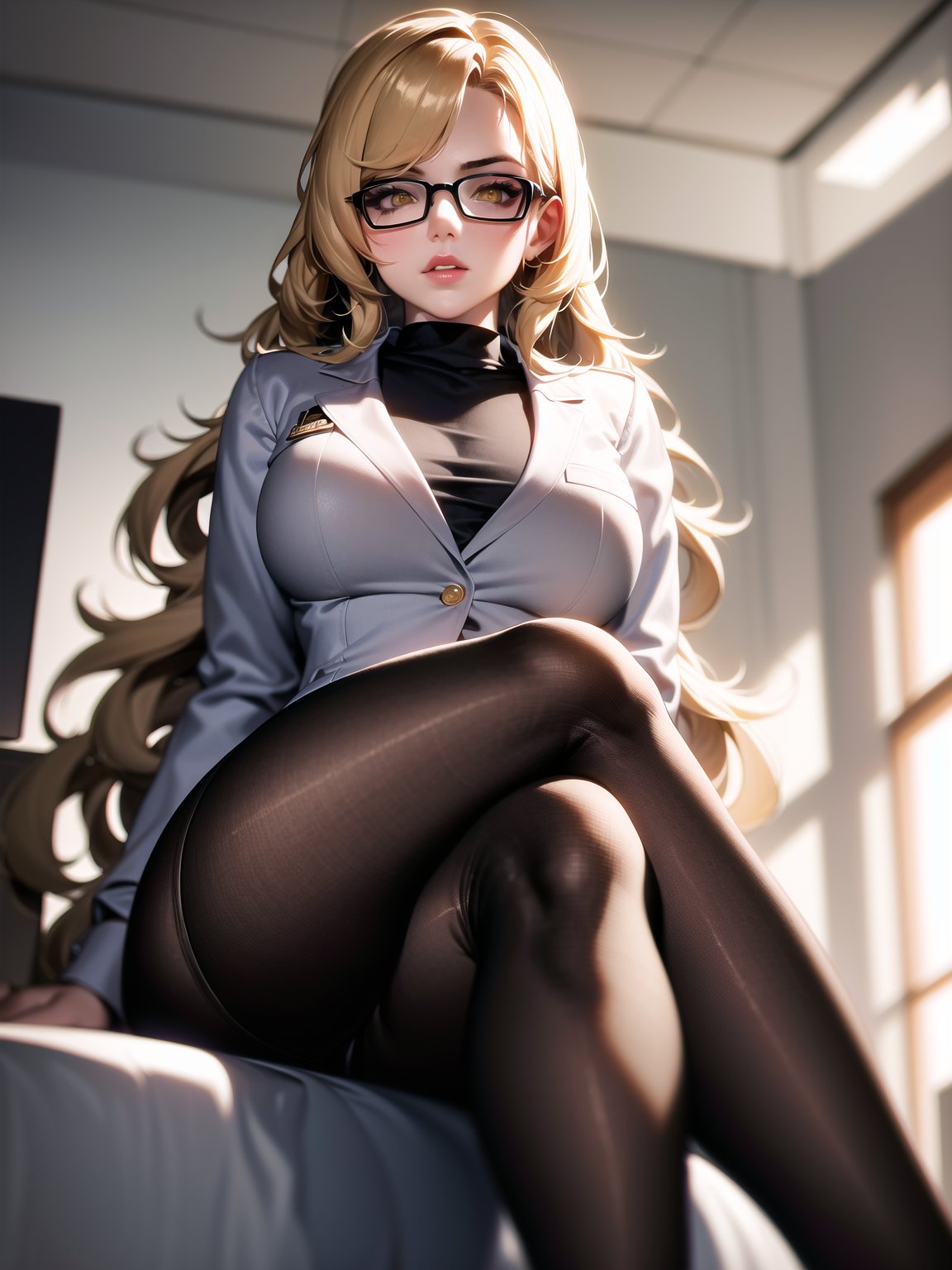 2023, ai generated, black stockings, blonde hair, curvy body, curvy figure, female, female focus, female only, glasses, hi res, high resolution, legwear, long hair, office lady, seductive look, stable diffusion, voluptuous female