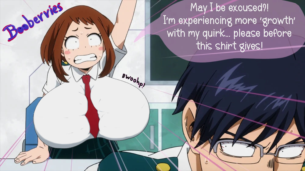 1girls big_breasts booberries_morphs breast_expansion brown_hair classroom edit english_text growing_out_of_clothes huge_breasts large_breasts massive_breasts my_hero_academia ochako_uraraka school school_uniform screenshot_edit tenya_iida text