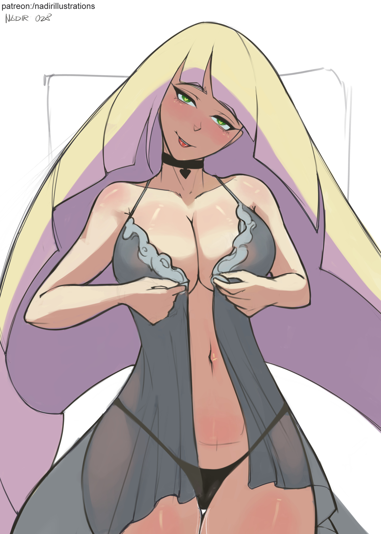 1girls, babydoll, big breasts, black panties, blonde hair, blush, breasts, busty, child bearing hips, cleavage, female, female only, green eyes, heart-shaped pupils, large breasts, legs, long hair, lusamine (pokemon), mature female, milf, mother, nadir, naughty face, navel, nintendo, pokemon, pokemon sm, smile, solo, tagme (artist), teasing, thick thighs, thighs, thong, tongue, tongue out