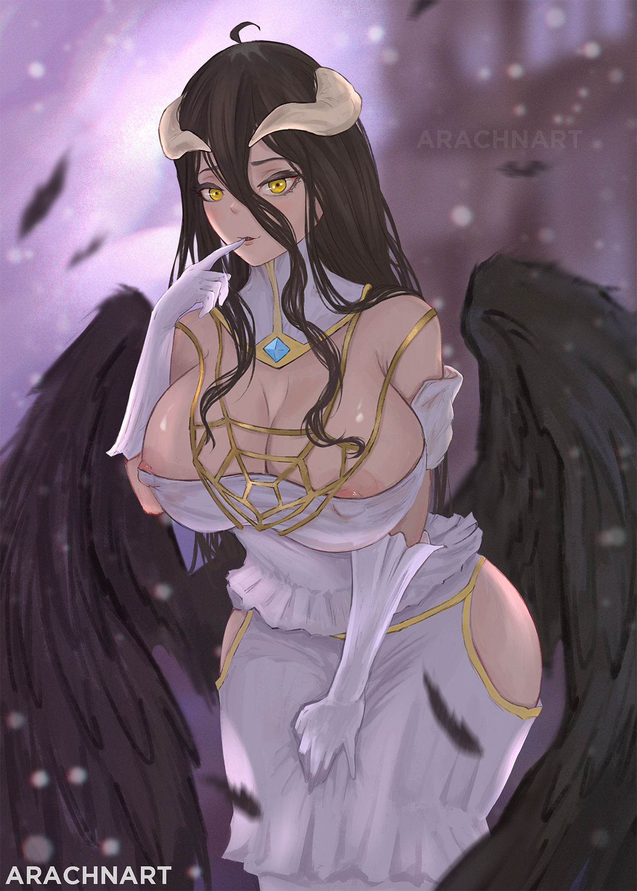 1girls, albedo (overlord), arachnart, breasts, breasts out, demon, female, horns, long hair, looking at viewer, nude, nude female, overlord (maruyama), pink hair, pussy, solo, succubus