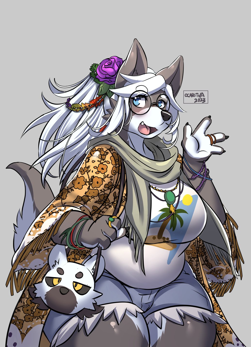 big_breasts blue_eyes breasts female female_focus female_only flower flower_in_hair glasses gray_background grey_background long_hair oca_(ocaritna) ocaritna original original_character shorts thick_thighs thighs white_hair