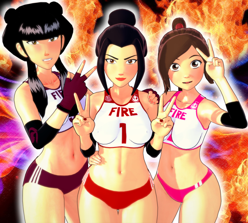 2d, 3d, 3girls, avatar the last airbender, azula, bra, breasts, female, female only, fire nation, koikatsu, looking at viewer, mai (avatar), medium breasts, multiple females, multiple girls, peace sign, shorts, sports bra, sportswear, ty lee, v, yellow eyes
