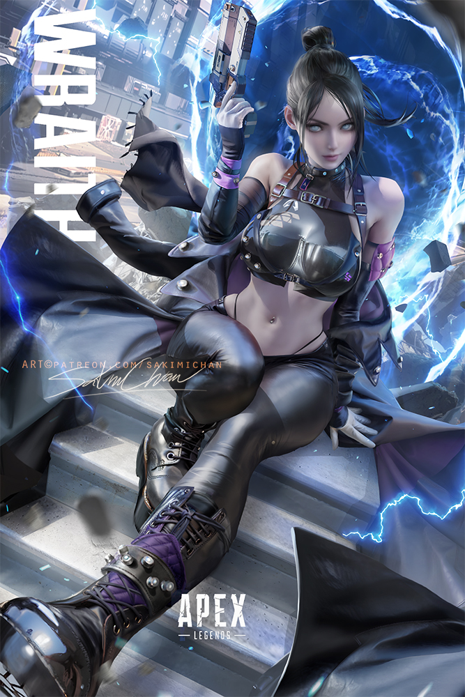 apex legends, black hair, boots, crop top, female, grey eyes, gun, hair bun, jacket, latex legwear, navel piercing, open jacket, pale skin, portal, sakimichan, sitting, text, wraith (apex legends)