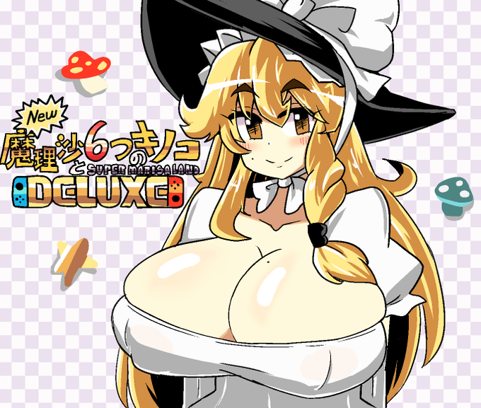 1girls big_breasts blonde_hair blush checkered_background cleavage hat invincible_marisa light-skinned_female mario_(series) marisa_kirisame mole_on_breast new_super_mario_bros._u_deluxe new_super_marisa_land nipple_bulge notnoe_(dxcl) smile touhou