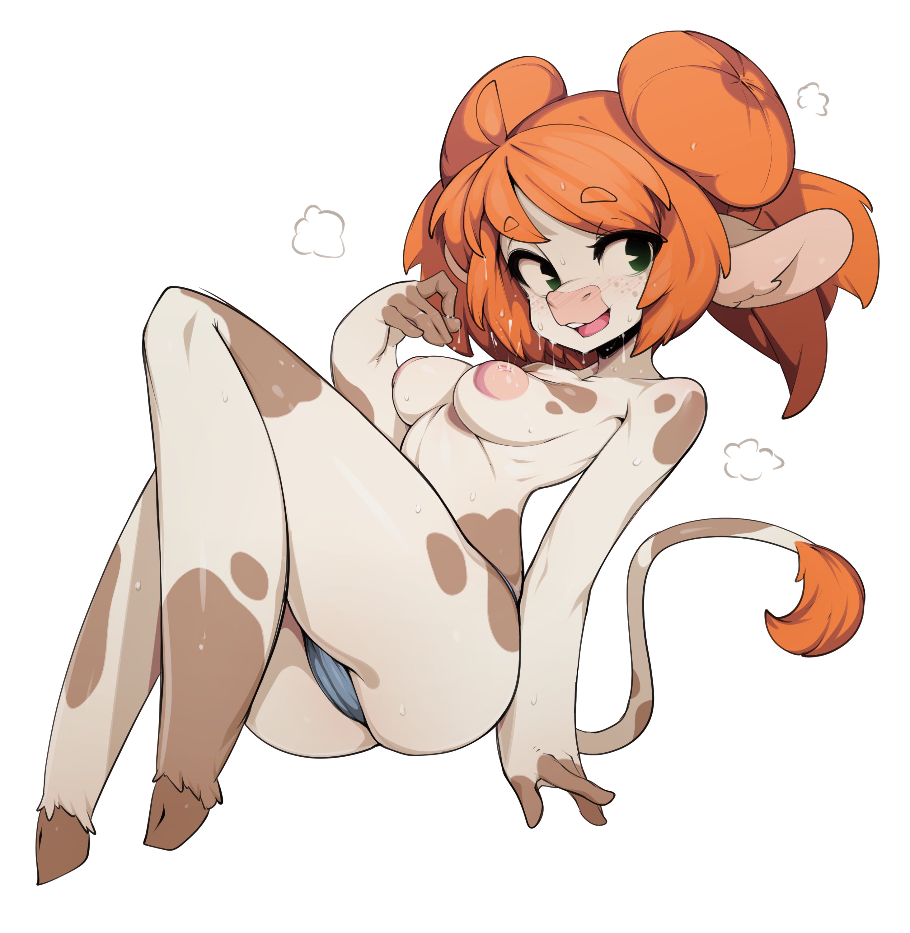 absurdres, animal ears, blush, breasts, commentary, cow ears, cow girl, cow tail, double bun, english commentary, female, freckles, full body, furry, green eyes, hair bun, highres, inverted nipples, looking at viewer, medium breasts, open mouth, orange hair, original, short hair, simple background, slugbox, smile, solo, sweat, tail, thick eyebrows, topless, white background