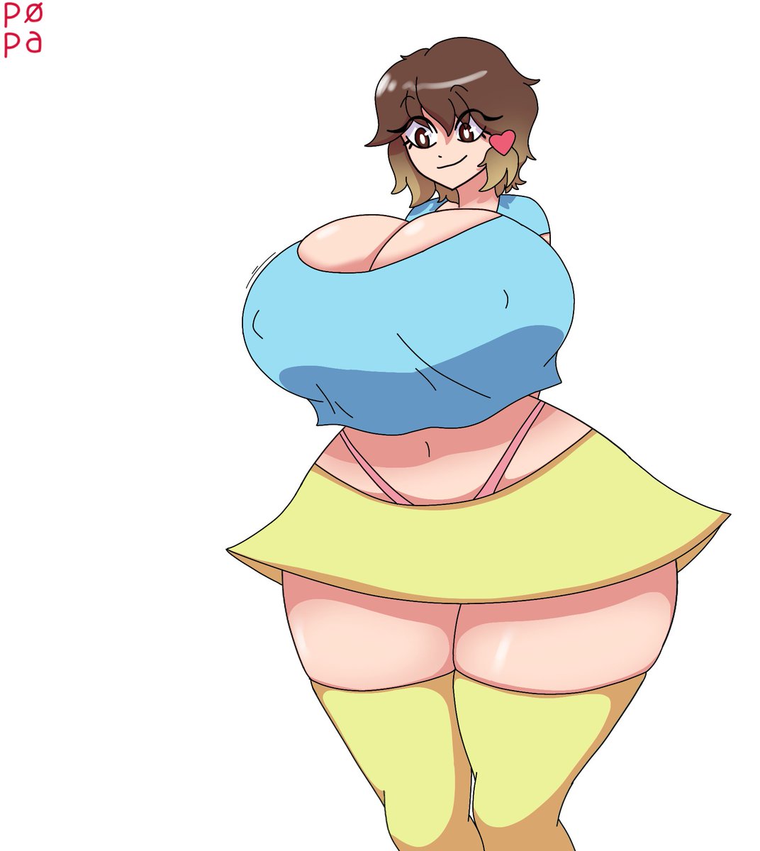 1girls artist_logo artist_name big_boobs big_breasts big_thighs big_tits brown_eyes brown_hair female female_only popa_nsfw skirt sky_blue_clothes sky_blue_shirt smile smiling solo solo_female tagme thick_thighs white_background yellow_skirt