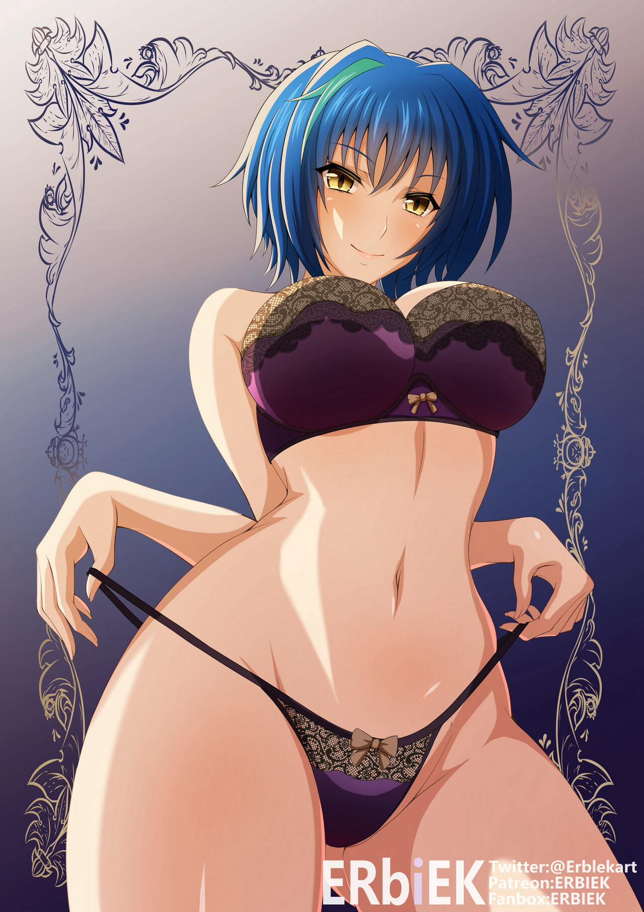 1girls, big breasts, blue hair, breasts, erbiek, eyebrows visible through hair, eyeless, female, fence, groping, hand on breast, high school dxd, male, open mouth, penis, riding, riding penis, solo, xenovia quarta