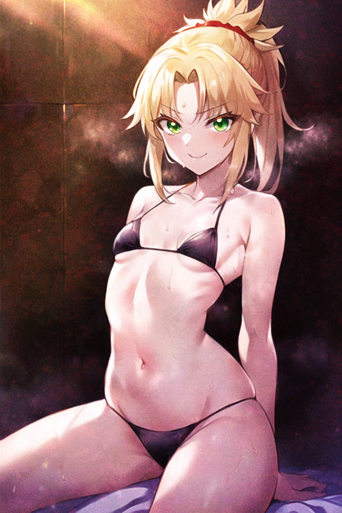 1girls, ai generated, black swimsuit, blonde hair, fate (series), female, female only, green eyes, mordred (fate), smile, solo, swimsuit, tomboy