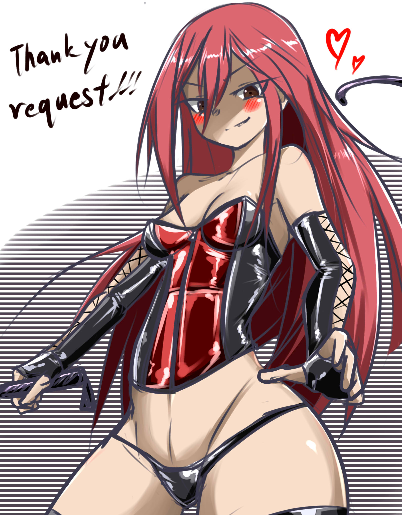arm gloves, blush, breasts, brown eyes, corset, dominatrix, female, female only, gloves, holding object, lingerie, long hair, mostly nude, naruto, naruto (classic), naruto (series), naruto shippuden, no bra, panties, petite, red hair, revealing clothes, small breasts, smile, solo, solo focus, tayuya, thick thighs, underwear, very long hair, whip