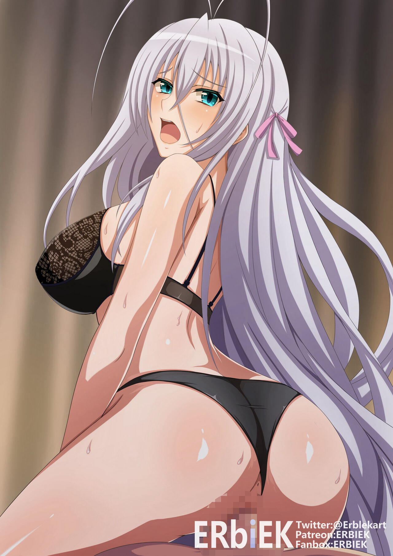 1boy, 1girls, breasts, erbiek, female, high school dxd, looking at viewer, looking back, male, playboy bunny, pov, purple hair, pussy, rossweisse, sex, uncensored, vaginal penetration