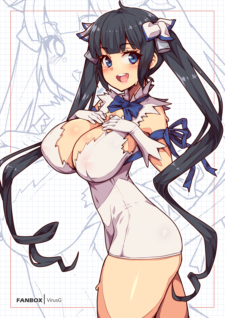 1girls, big breasts, black hair, blue eyes, breasts, clothed, dungeon ni deai wo motomeru no wa machigatteiru darou ka, female, hestia (danmachi), light skin, light-skinned female, nonude, twintails, virus-g