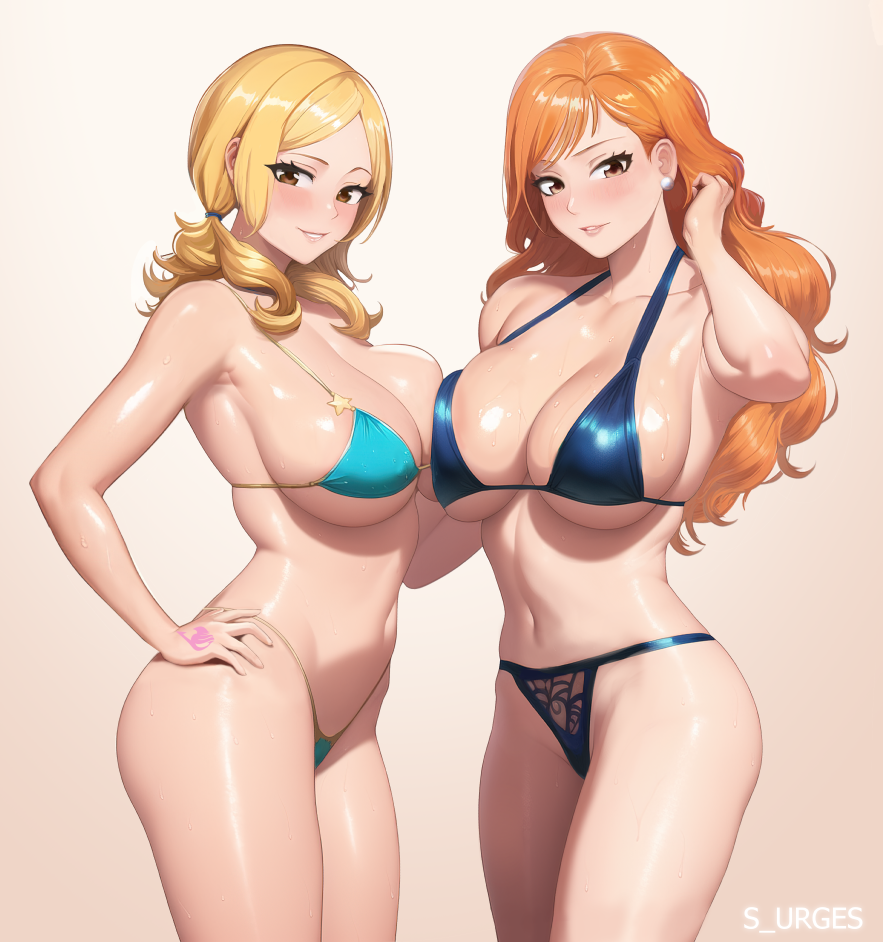 2girls, ai generated, artist name, ass, bangs, bare shoulders, big ass, big breasts, bikini, blonde hair, breast press, breasts, brown eyes, cleavage, clenched teeth, clothing, collarbone, crossover, curvy, deep cleavage, duo, earrings, eyelashes, fairy tail, female, female focus, female only, g-string, grin, hand on hip, hips, human, jewelry, large ass, large breasts, long hair, looking at viewer, lucy heartfilia, micro bikini, nami (one piece), navel, one piece, orange eyes, orange hair, parted lips, post-timeskip, revealing clothes, s-urges, seductive, shiny skin, sideboob, simple background, skimpy, skindentation, smile, stable diffusion, sweat, sweatdrop, swimsuit, tattoo, teeth, thighs, thong, thong bikini, tied hair, twintails, underboob, voluptuous, watermark, wavy hair