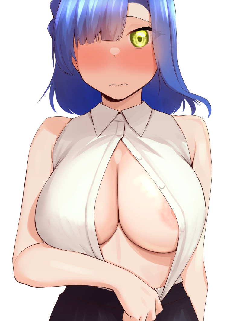 arm_at_side bangs bare_arms bare_shoulders black_skirt blue_hair blunt_bangs blush braid breasts cleavage closed_mouth collared_shirt commentary_request female hair_over_one_eye idolmaster idolmaster_million_live! kurozako large_breasts looking_at_viewer medium_hair nanao_yuriko nipple_slip nipples no_bra nose_blush one_eye_covered partially_unbuttoned shirt shirt_tucked_in simple_background single_braid skirt sleeveless sleeveless_shirt solo standing upper_body wavy_mouth white_background white_shirt yellow_eyes