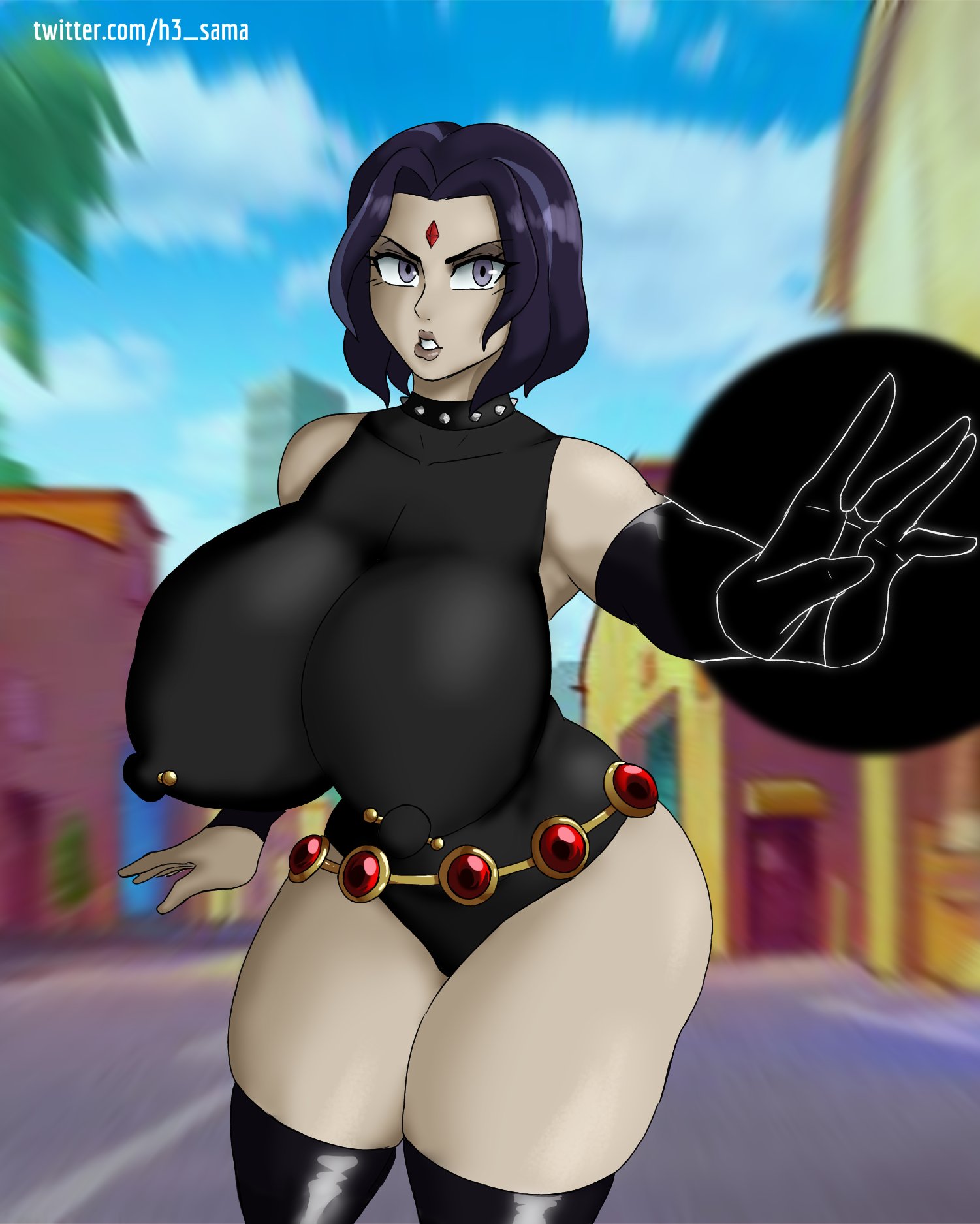 1girls, alternate breast size, belt, breasts, cartoon network, dc, dc comics, female, female only, h3 sama, huge breasts, hyper breasts, leotard, nipple piercing, nipples, nipples visible through clothing, pierced nipples, piercing, piercings, rachel roth, raven (dc), solo, teen titans, tight clothes, tight clothing, warner brothers