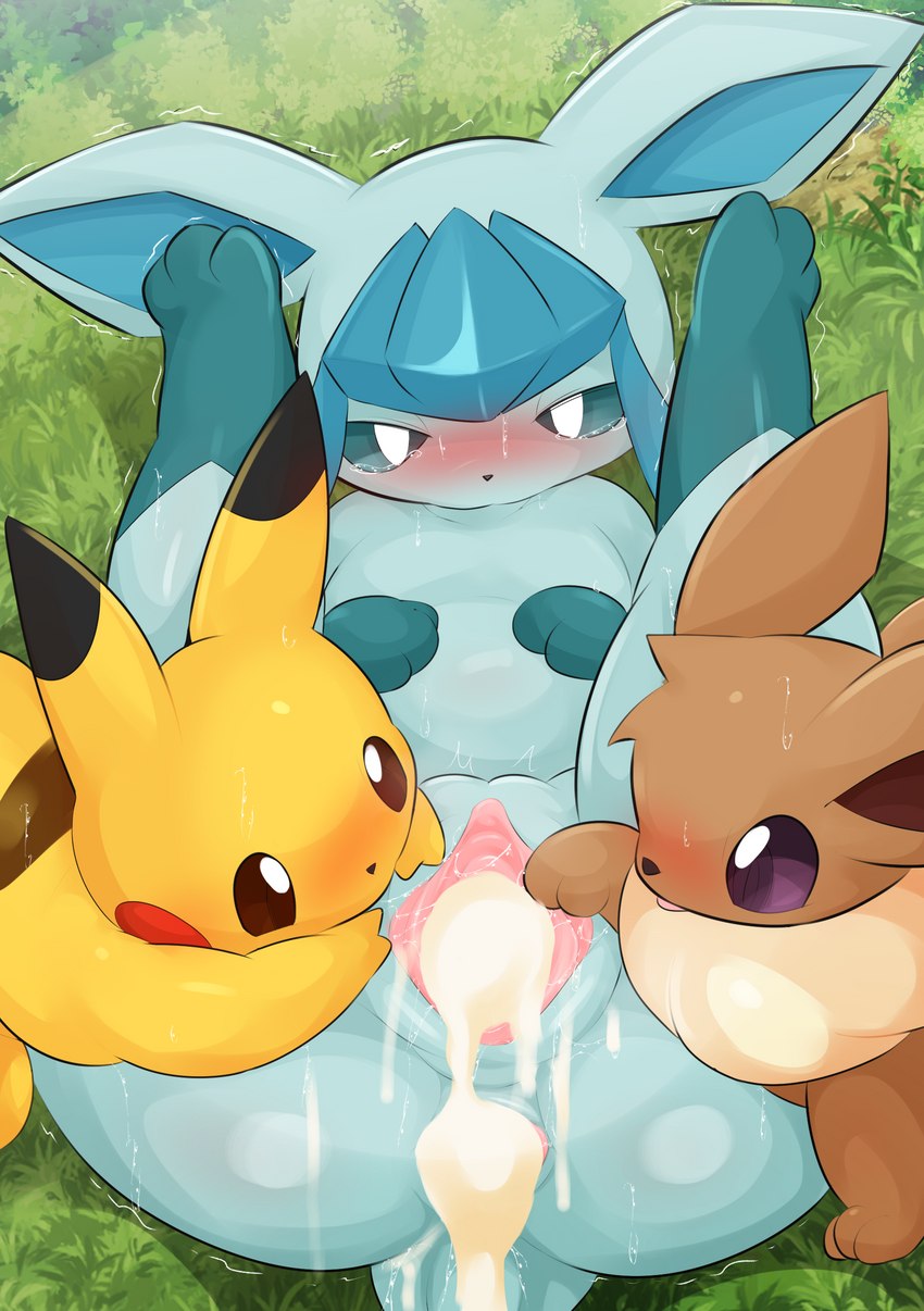 after sex, blue body, blush, brown fur, creampie, cum, eevee, female, feral, glaceon, looking at viewer, nintendo, pikachu, pokémon (species), pokemon, pokemon (species), pussy, tears, type, yellow fur
