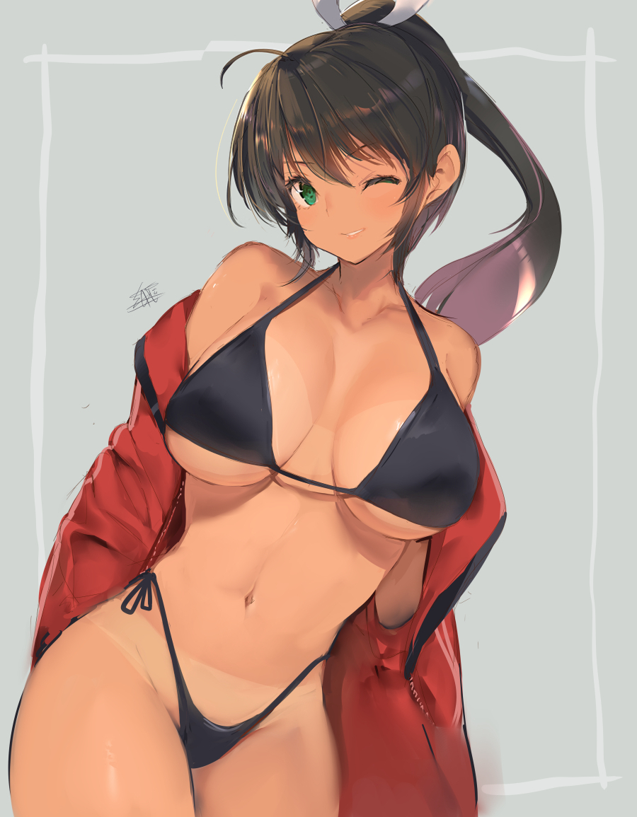 bangs, bikini, black hair, female, green eyes, homura (senran kagura), open clothes, senran kagura, swimsuit, yaegashi nan