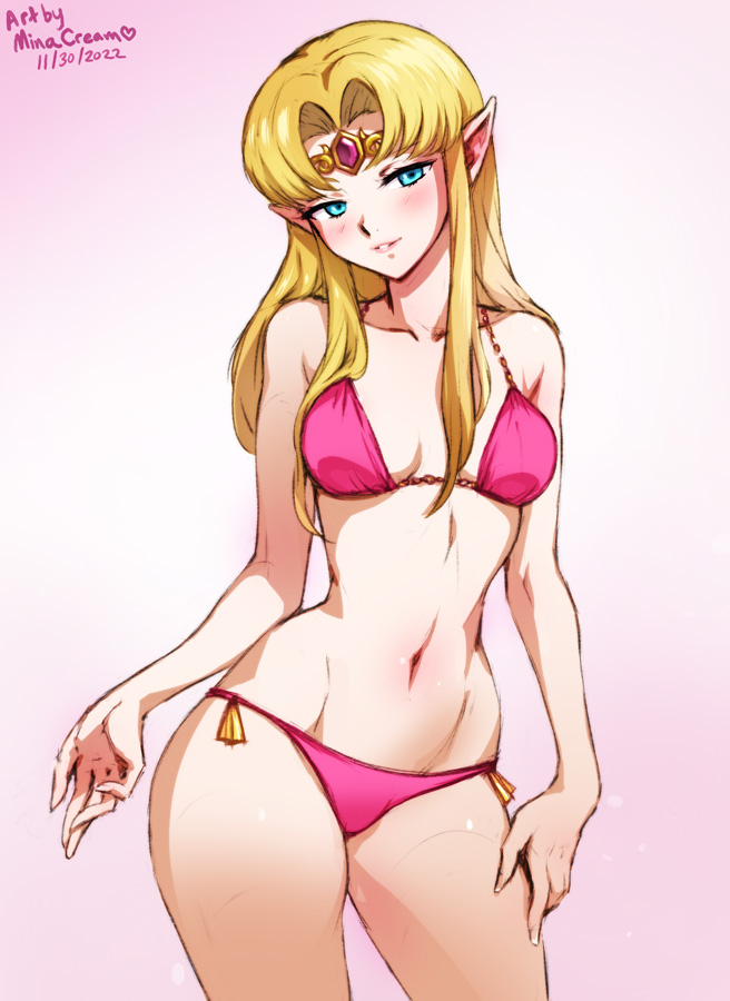 1girls, a link between worlds, alternate costume, aqua eyes, artist name, bangs, bare shoulders, bikini, blonde hair, blue eyes, blush, breasts, circlet, collarbone, commentary, cowboy shot, dated, english commentary, female, female only, gradient background, grin, head tilt, jewelry, lips, looking at viewer, medium breasts, minacream, navel, nintendo, parted bangs, parted lips, pink background, pink bikini, pink lips, pink swimsuit, pointy ears, princess zelda, seductive, seductive look, smile, solo, super smash bros., swimsuit, the legend of zelda, thighs, zelda (a link between worlds)