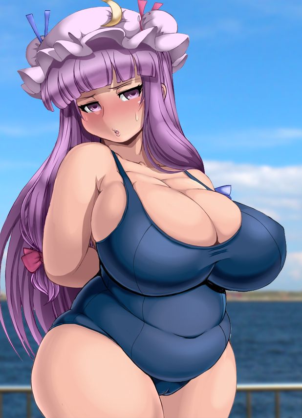 1girls, astraea13, bbw, breasts, chubby, crescent moon, fat, female, female only, gigantic breasts, hat, human, open mouth, patchouli knowledge, plump, purple eyes, purple hair, school swimsuit, solo, swimsuit, text, touhou
