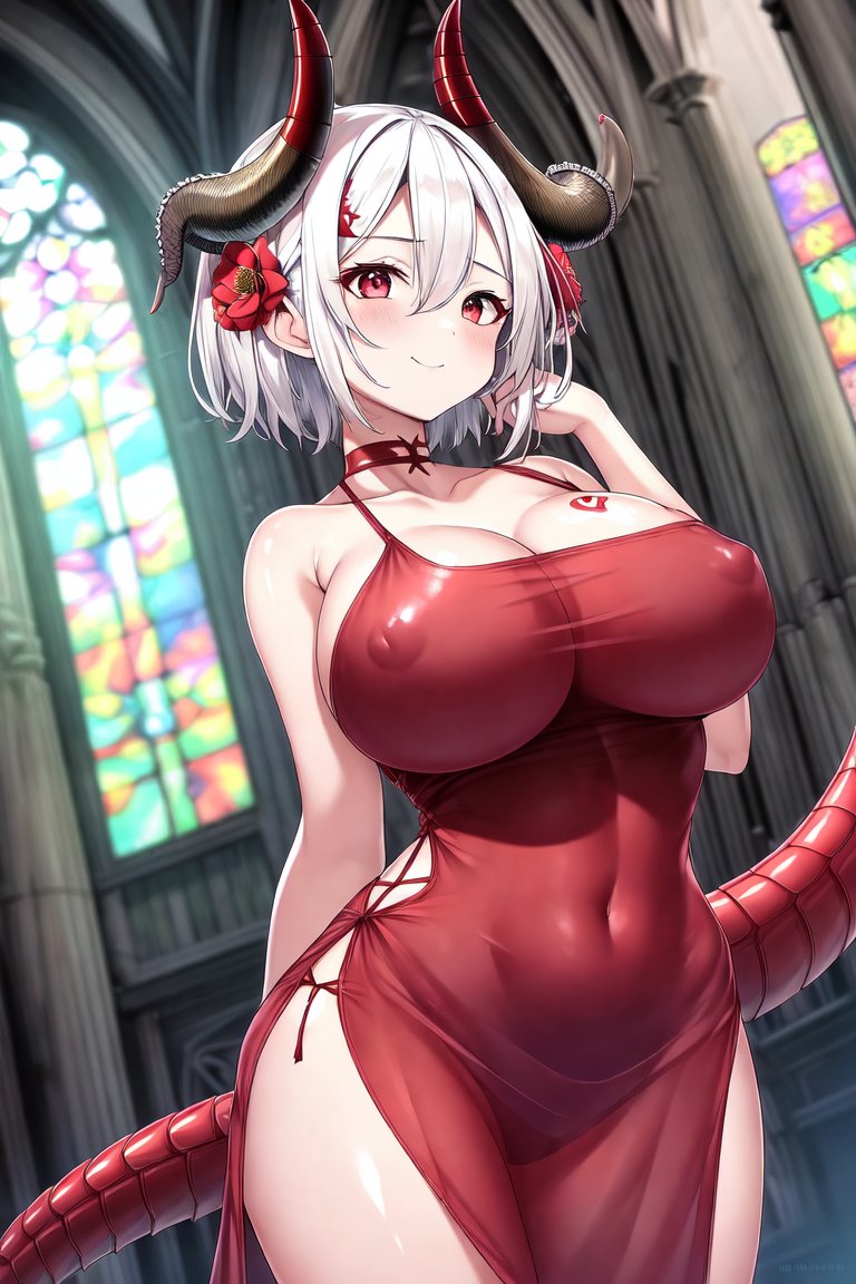 2023, ai generated, big breasts, breast tattoo, breasts, demon, demon girl, demon horns, demon tail, erect nipples, erect nipples under clothes, female, female focus, female only, high resolution, looking at viewer, nipple bulge, nipples, seductive look, stable diffusion