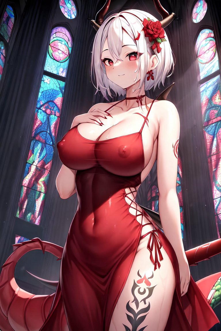 2023, ai generated, church interior, curvy figure, demon, demon girl, demon horns, demon tail, erect nipples, erect nipples under clothes, female, female focus, female only, high resolution, looking at viewer, nipple bulge, nipples, stable diffusion, voluptuous female