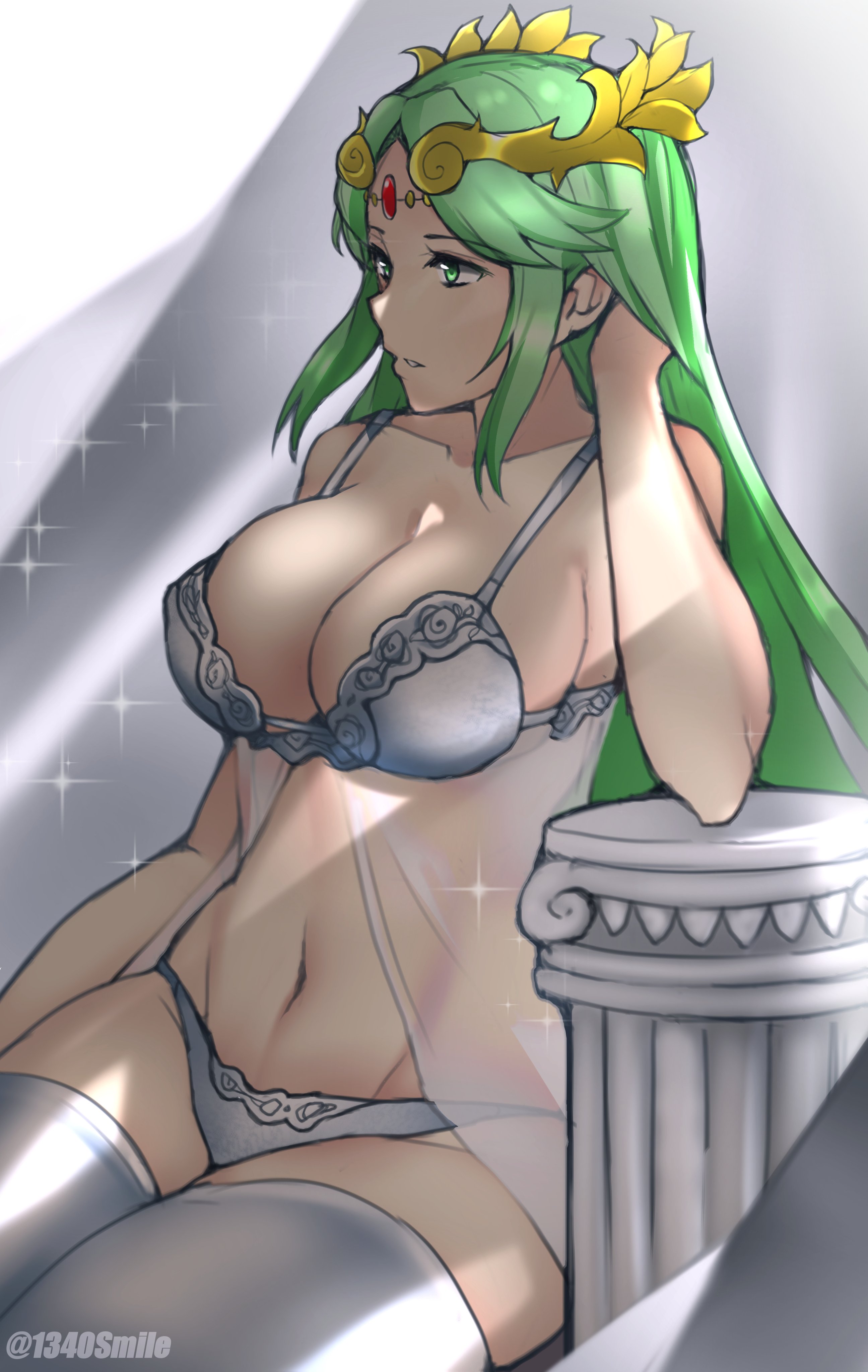 1340smile, bra, breasts, female, female only, green hair, kid icarus, lingerie, nintendo, palutena, panties, solo, white skin