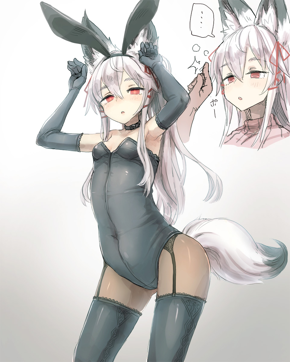 1girls bee_(deadflow) belt_choker black_gloves black_leotard breasts bunny_ears bunny_pose choker covered_navel disembodied_hand elbow_gloves fake_animal_ears fox_ears fox_girl fox_tail garter_straps gloves hair_ribbon hypnosis leotard long_hair mind_control original pantyhose pink_sweater playboy_bunny ponytail red_eyes small_breasts snapping_fingers strapless strapless_leotard sweater thighhighs turtleneck_sweater white_hair