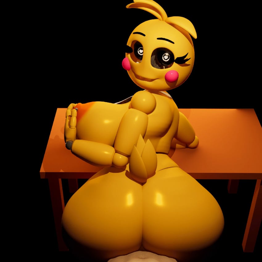 1boy, 1girls, 3d, animatronic, anthro, artist request, ass, bent over, bent over table, bib, big ass, big breasts, black eyes, blush, blush stickers, breasts, eyelashes, female, five nights at freddy's, from behind, heart-shaped pupils, huge ass, huge breasts, looking at viewer, looking back, lovetaste chica, male, male pov, nipple piercing, nipples, nude, penetration, piercing, pov, pov eye contact, robot, sex, smile, straight, tagme, touching breast, toy chica (fnaf), toy chica (love taste), yellow body