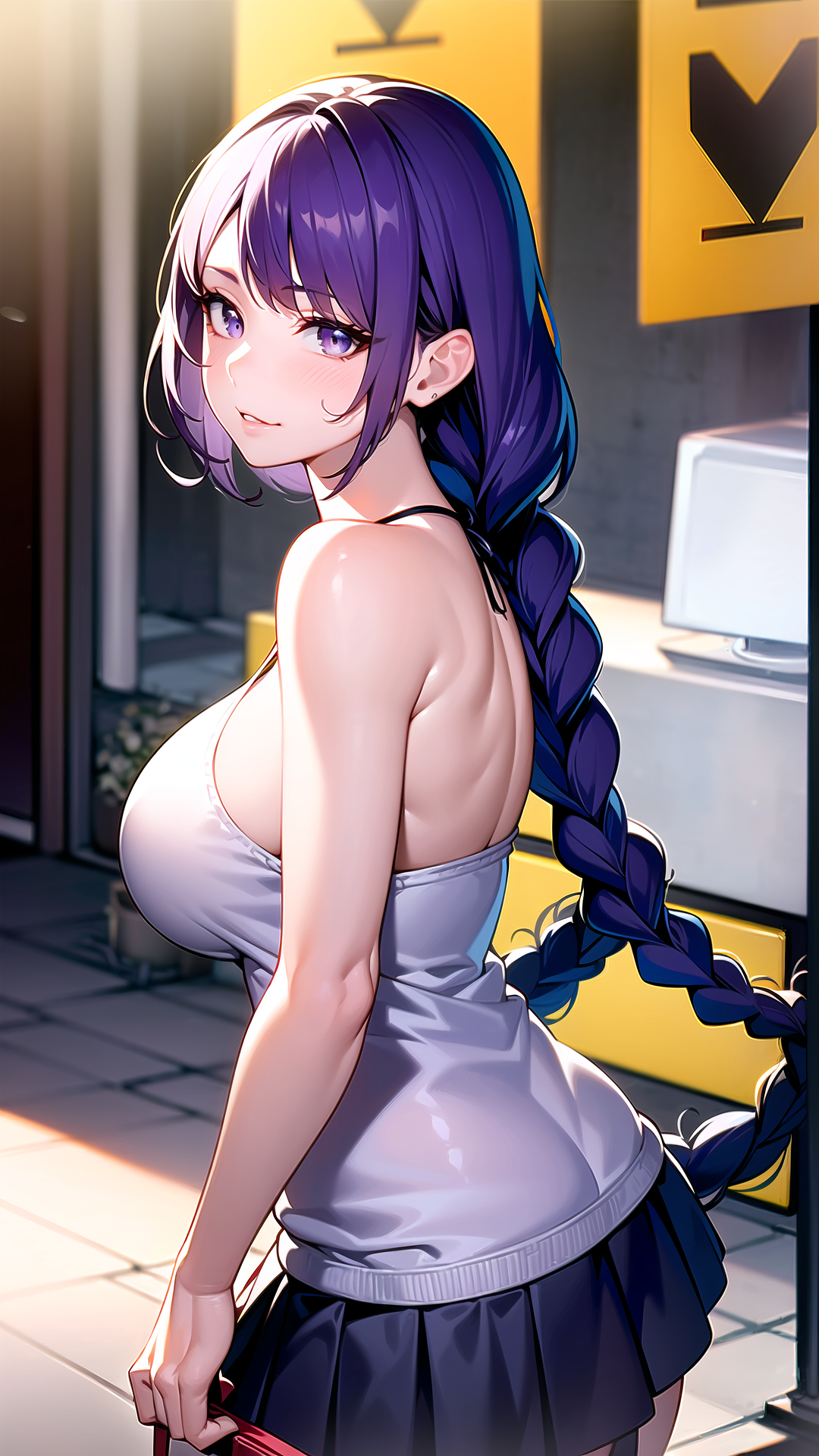 2023, ai generated, big breasts, breasts, curvy figure, female, female focus, female only, genshin impact, high resolution, long hair, mihoyo, purple hair, raiden shogun, sideboob, stable diffusion, voluptuous female