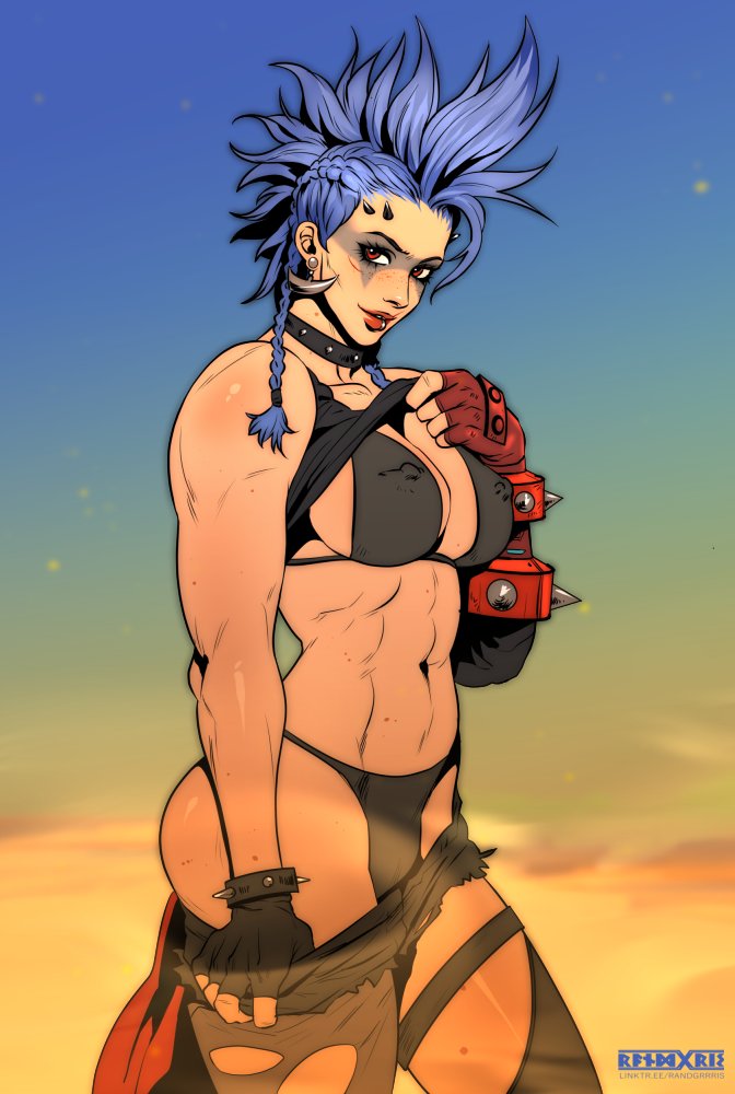 1girls 2d bikini blizzard_entertainment blue_hair breasts cleavage clothed junker_queen mohawk muscular nipples_visible_through_clothing overwatch overwatch_2 randgris solo standing tank_top_lift