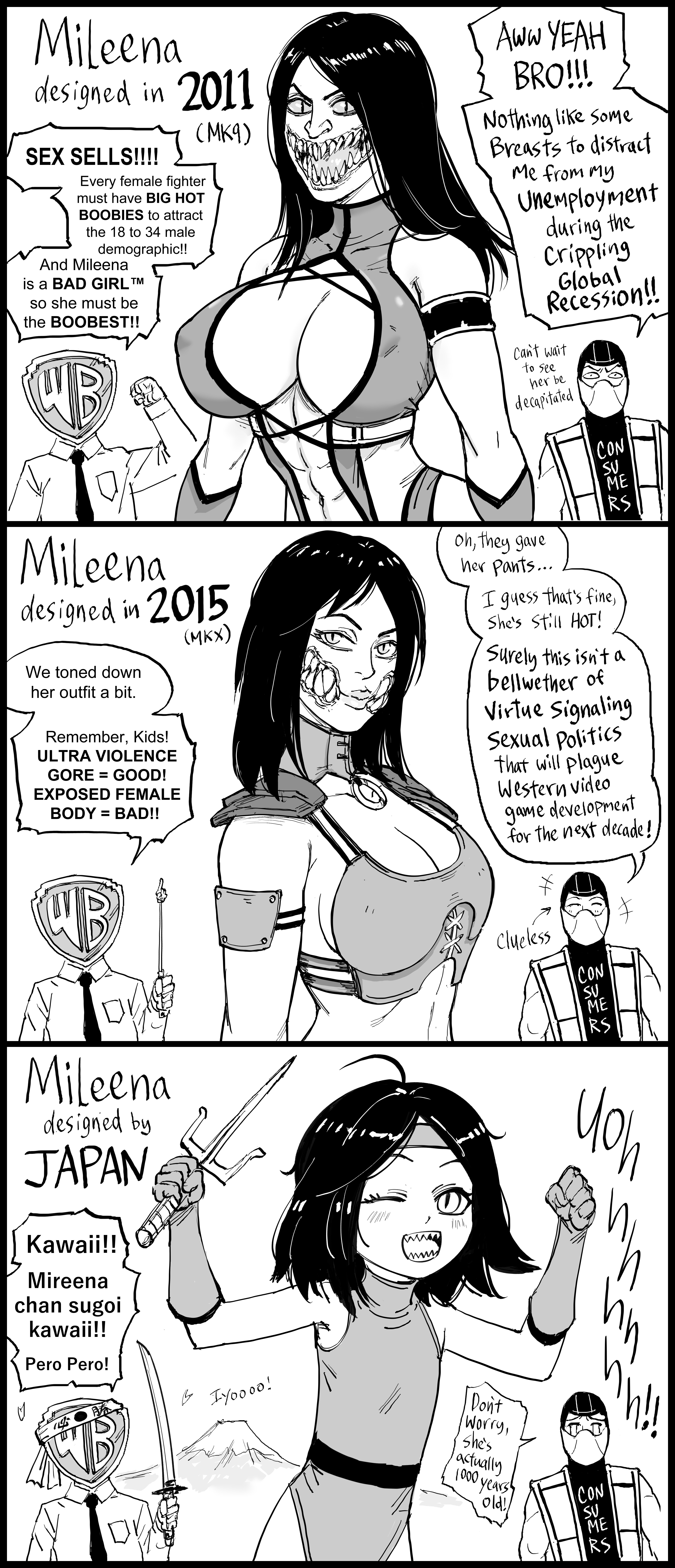bb (baalbuddy), big breasts, black hair, breasts, cleavage, comic, edit, female, female focus, huge breasts, humor, large breasts, leotard, line art, medium breasts, meme, mileena, monochrome, mortal kombat, mortal kombat (2011), mortal kombat x, navel, scorpion, speech bubble, tagme, warner brothers