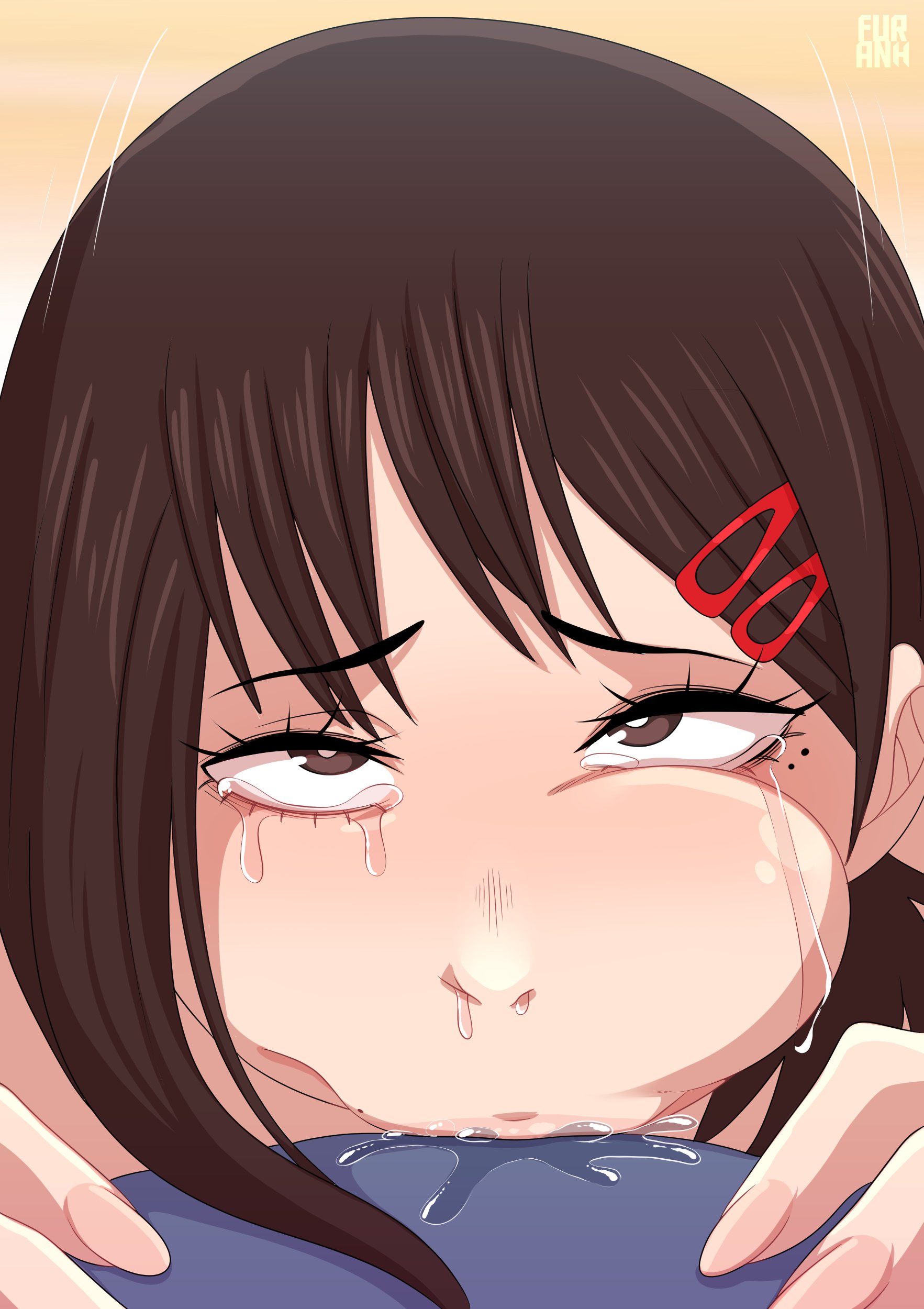 1girls, all the way to the base, balls, balls deep, big penis, black hair, blowjob, blue penis, brown eyes, brown hair, chainsaw man, crying, crying with eyes open, cute, deepthroat, deepthroat holder, eye contact, fast food, female, fringe, furanh, hair ornament, higashiyama kobeni, large penis, light skin, light-skinned female, male, mappa, oral, pale skin, pale-skinned female, penis, pov, saliva, short hair, shy, sloppy blowjob devil, tears, tight throat, waitress, worried