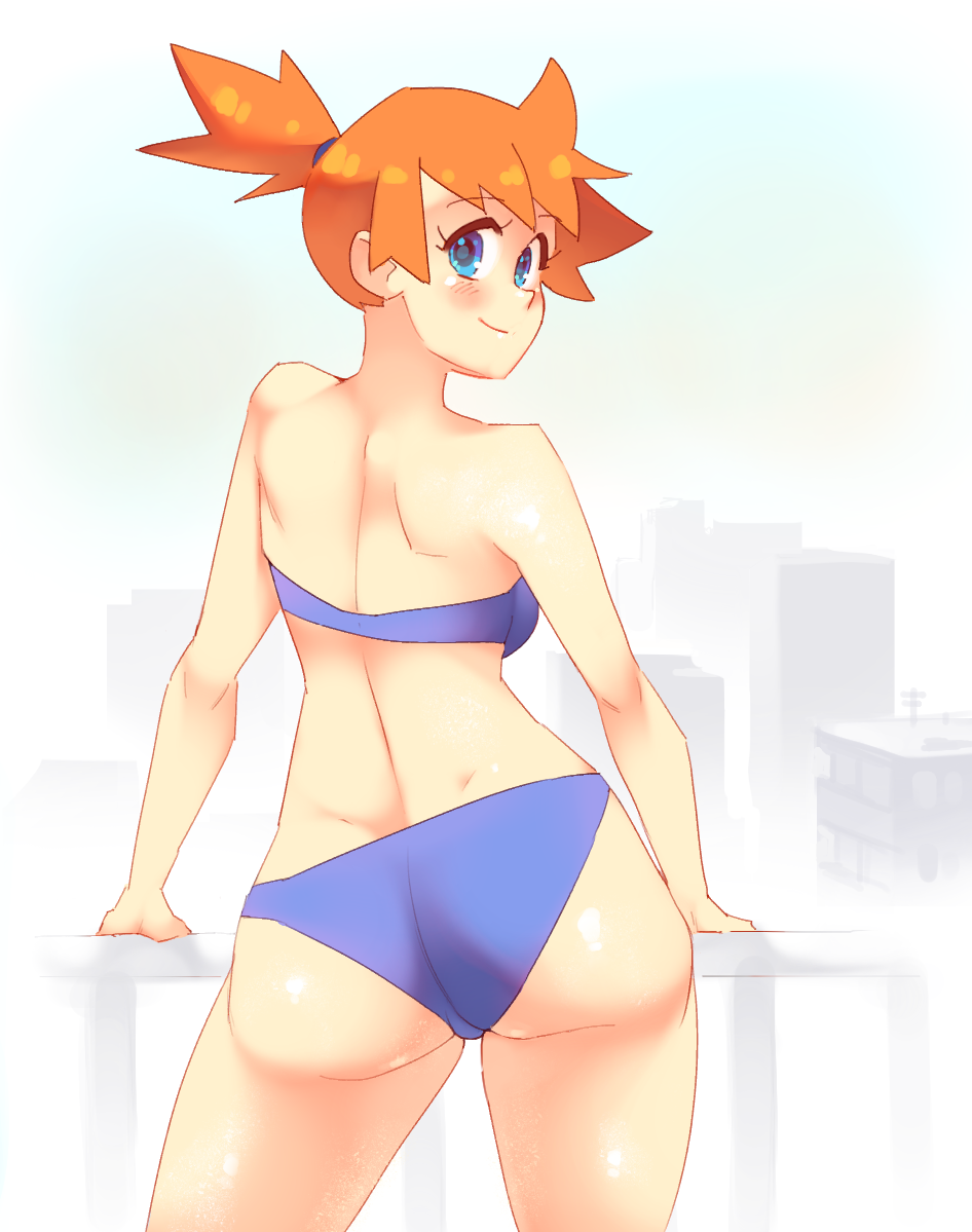 ass bare_arms bare_shoulders bikini blue_bikini blue_eyes commentary cowboy_shot creatures_(company) dimples_of_venus english_commentary female from_behind game_freak kasumi_(pokemon) looking_at_viewer looking_back misty_(pokemon) misty_(pokemon_rgby) nintendo orange_hair pinup_(style) pokemon pokemon_(anime) pokemon_(classic_anime) ponytail rtil short_ponytail shoulder_blades smile solo swimsuit