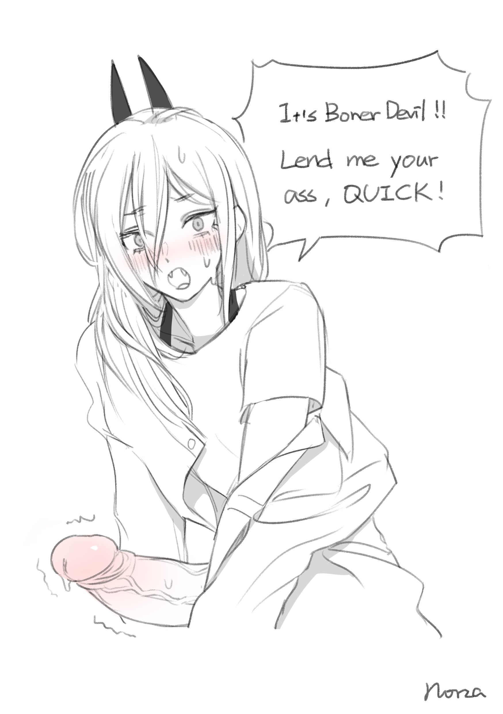 1futa, black and white, bottomless, breasts, chainsaw man, clothed, clothing, demon, demon futa, dialogue, english text, erection, fangs, futa only, futadom, futadom caption, futanari, horns, huge cock, humanoid, humanoid penis, intersex, norza, partially clothed, penis, pointy teeth, power (chainsaw man), sketch, small breasts, solo, solo futa, tagme, text, throbbing penis, uncensored