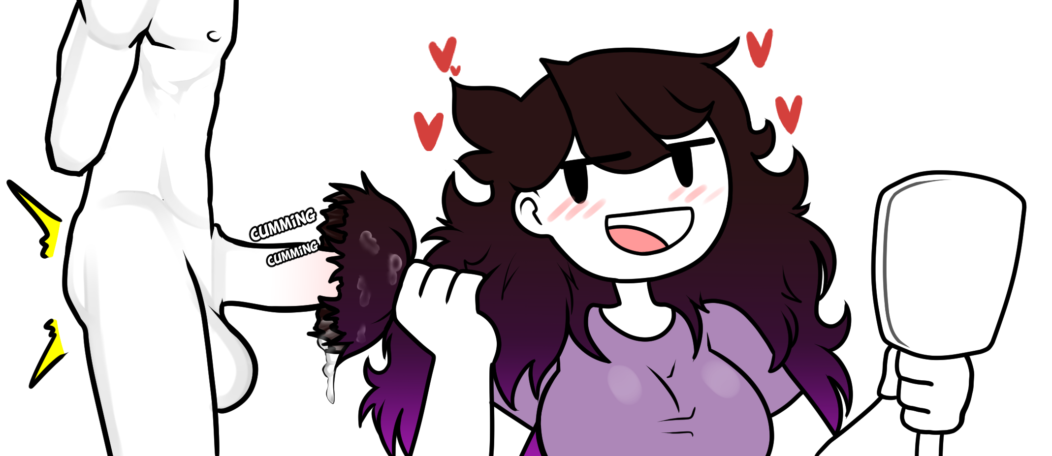 artist request, blush, brown hair, brushjob, cum in hair, cum on hair, female, female focus, fully clothed, hair harpoon, hairjob, heart, jaiden, jaiden animations, long hair, male, mirror, mob face, nude, nude male, ombre hair, penis, steca, thelazyart, white skin, youtube, youtuber
