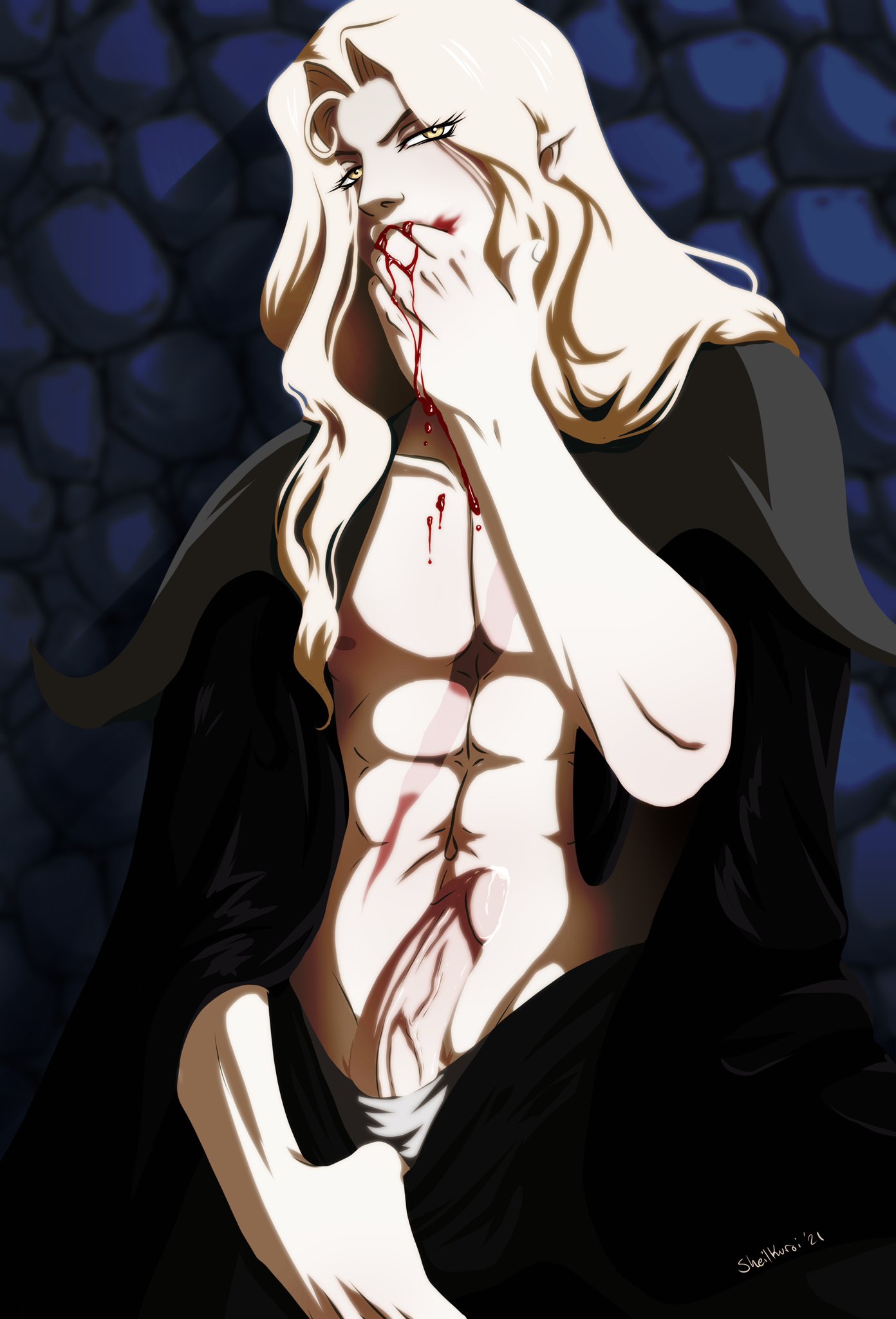 3/4_view adonis_belt alucard_(castlevania) androgynous areola_slip barely_visible_pubic_hair belly bishonen black_cape black_pants blonde_hair blonde_hair_male blonde_pubic_hair blood blood_on_chest blood_on_face blood_on_hand castlevania castlevania_(netflix) chest_scar cock cum cum_on_penis cumming dhampir dick erect_penis erection exposed_torso eyebrows_visible_through_hair eyeliner eyes_visible_through_hair full_color hand_on_face hand_on_mouth high_resolution highres long_hair long_hair_male male_only mascara mostly_clothed muscular_male nipple_slip pants_pull pants_pulled_down partially_clothed penis penis_out penis_reveal pointed_ears pointy_ears portrait precum_on_penis pubes scars sheilkuroi showing_off showing_off_penis solo_focus solo_male twunk uncensored underwear vampire veiny_penis white_underwear yellow_eyes