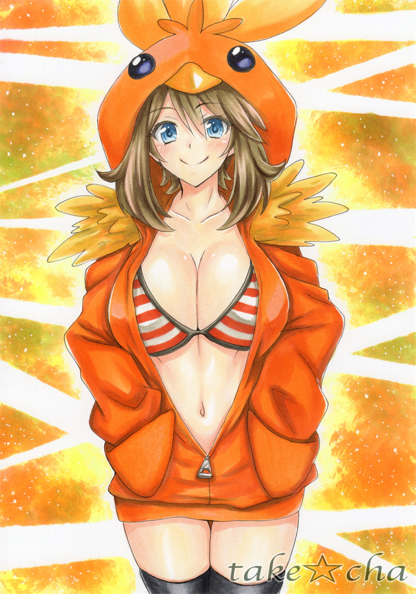 1girls animal_hoodie bikini blue_eyes breasts brown_hair cosplay hand_in_pocket hoodie large_breasts looking_at_viewer may_(pokemon) may_(pokemon_oras) midriff navel nintendo orange_hoodie orange_theme pokemon pokemon_(cosplay) pokemon_oras short_hair smiling smiling_at_viewer striped_bikini striped_swimsuit swimsuit takecha thighhighs torchic_(cosplay) zipper zipper_pull_tab