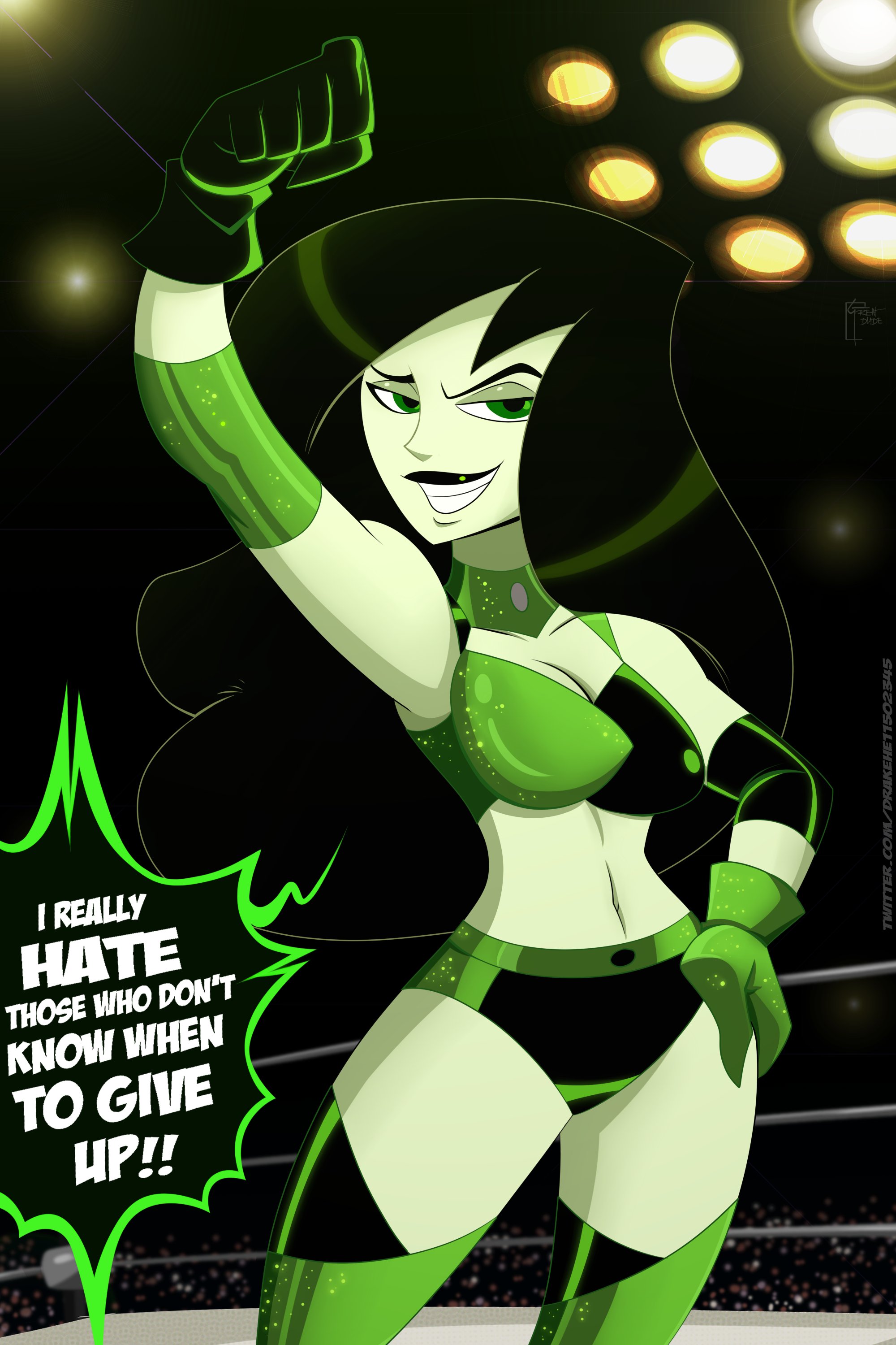 1girls, armpits, athletic, athletic female, black lipstick, detailed, disney, disney channel, drakehernandez, english, english text, female, female focus, female only, great dude, green, green eyes, green hair, grin, hi res, highres, kim possible, looking at viewer, muscular, shego, skimpy, solo, solo female, tagme, teeth, text, wrestling, wrestling outfit, wrestling ring