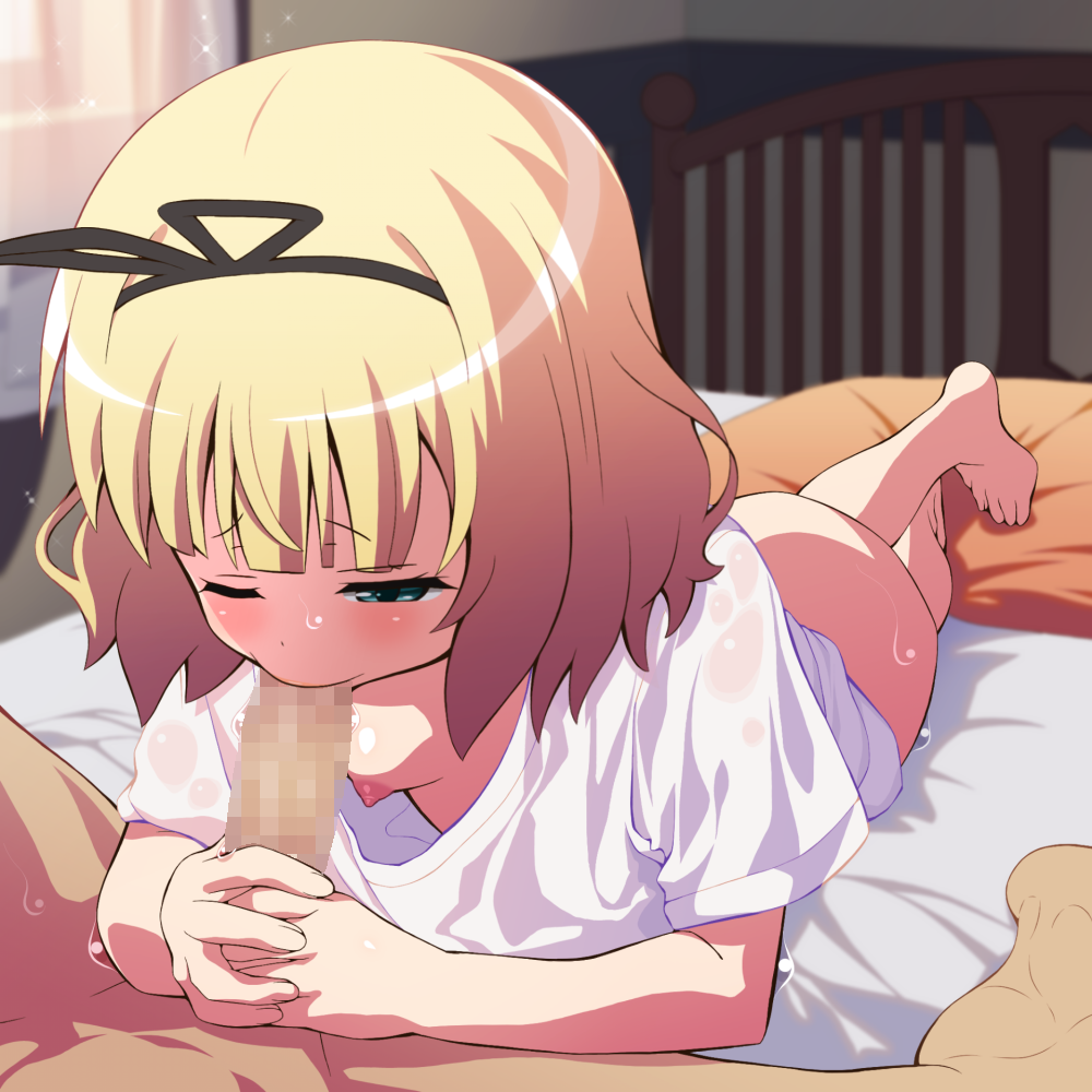 1boy ass bangs bed blonde_hair blue_eyes blunt_bangs breasts fellatio female gochuumon_wa_usagi_desu_ka? handjob hemonemo kirima_syaro licking looking_at_penis lying naked_shirt nipples on_bed on_stomach one_eye_closed oral penis pillow saliva shirt short_hair small_breasts solo_focus straight sweat t-shirt tongue tongue_out wavy_hair wavy_mouth wince