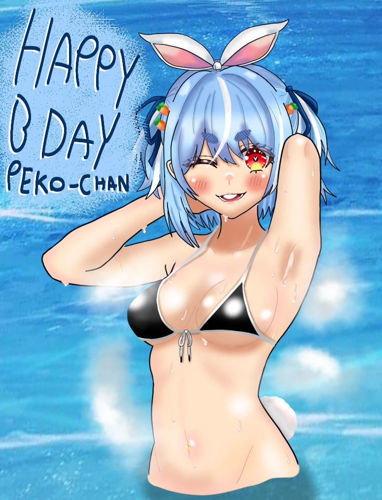 animal_ears armpit armpit_crease armpits arms_behind_head arms_up average_breasts bangs bathing beach bikini bikini_top birthday black_bikini black_bikini_top blue_hair blush breasts buck_tooth buckteeth bunny_ear bunny_ears bunny_girl bunny_tail bunnygirl carrot carrot_hair_ornament eddarxart english_text food_themed_hair_ornament happy_birthday hololive hololive_fantasy hololive_japan in_water looking_at_viewer navel navel_piercing ocean partially_submerged piercing pose rabbit_ears rabbit_girl rabbit_tail red_eyes sea sexy_armpits small_eyebrows stomach submerged_legs swimsuit swimsuit_top tail text thick_eyebrows two_tone_hair usada_pekora virtual_youtuber vtuber white_hair